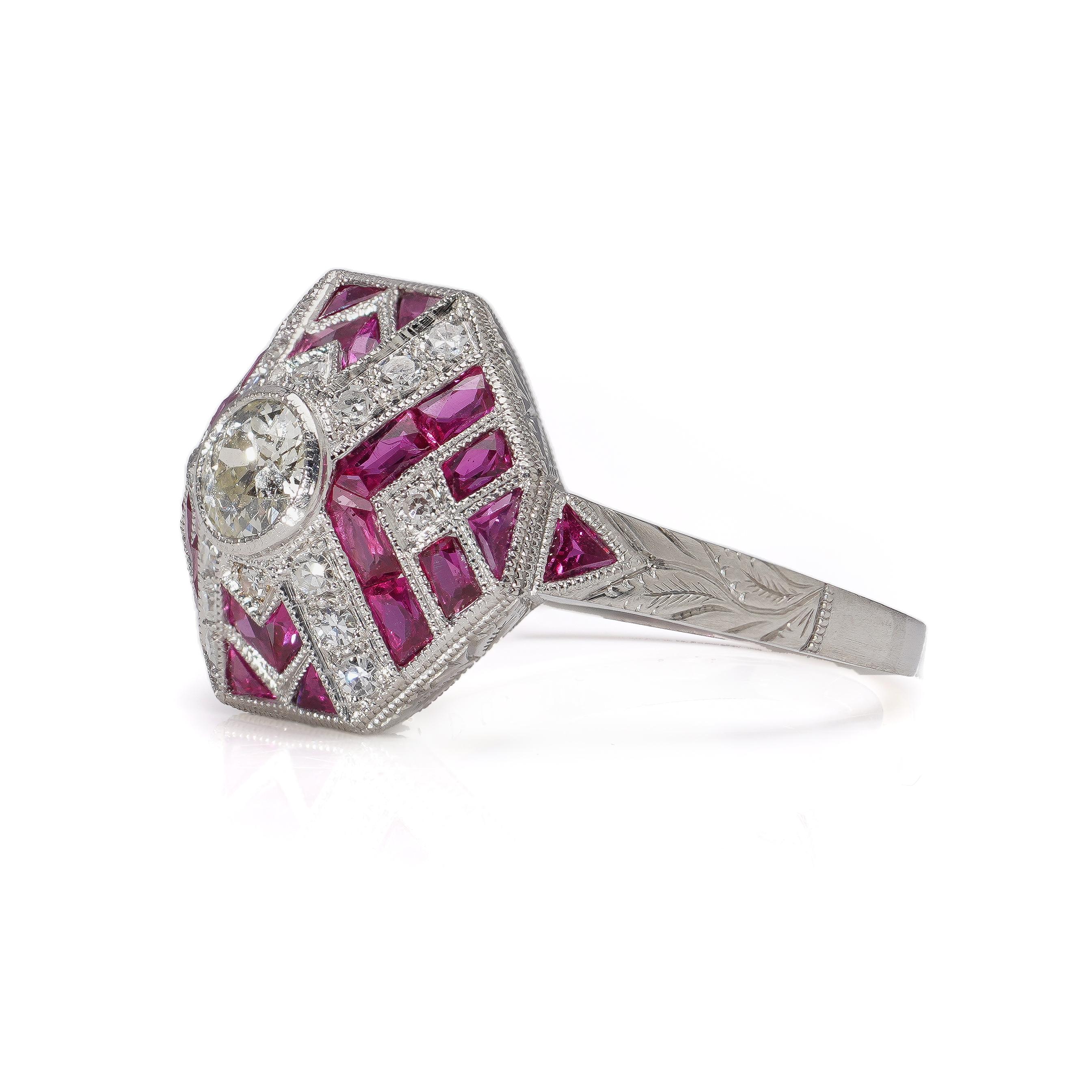 Round Cut Platinum Art Deco-Inspired Diamond and Ruby Ring For Sale