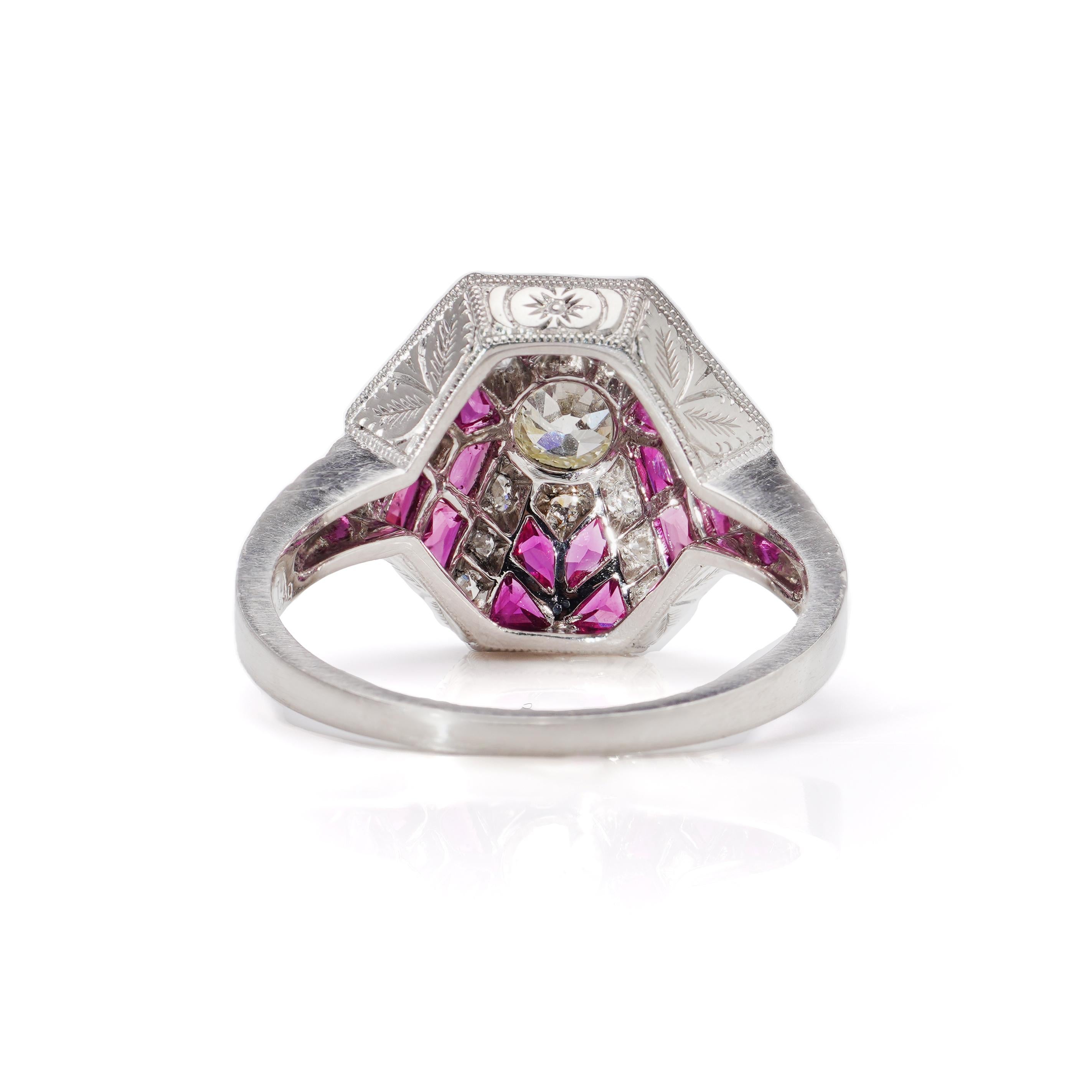Women's Platinum Art Deco-Inspired Diamond and Ruby Ring For Sale