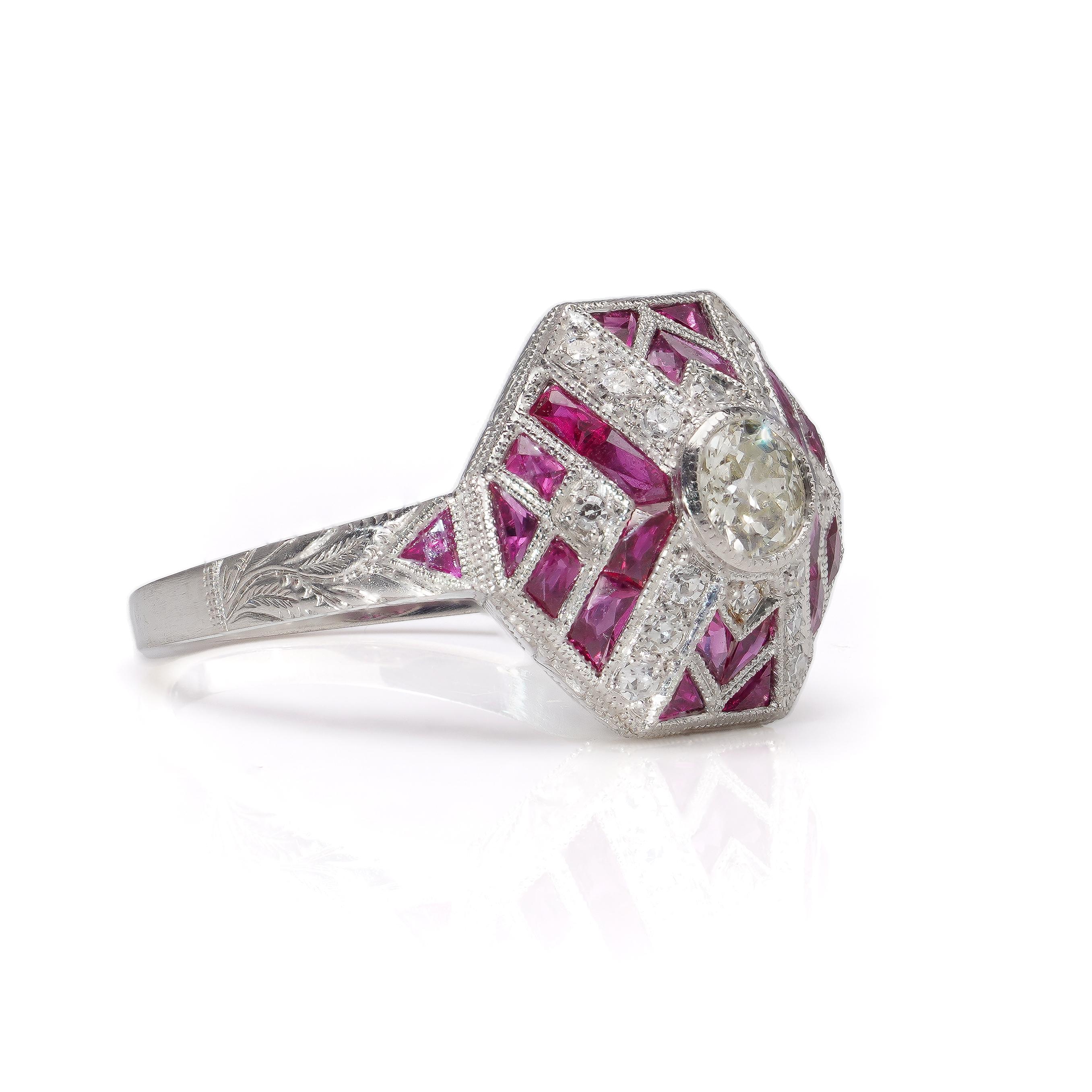 Platinum Art Deco-Inspired Diamond and Ruby Ring For Sale 1