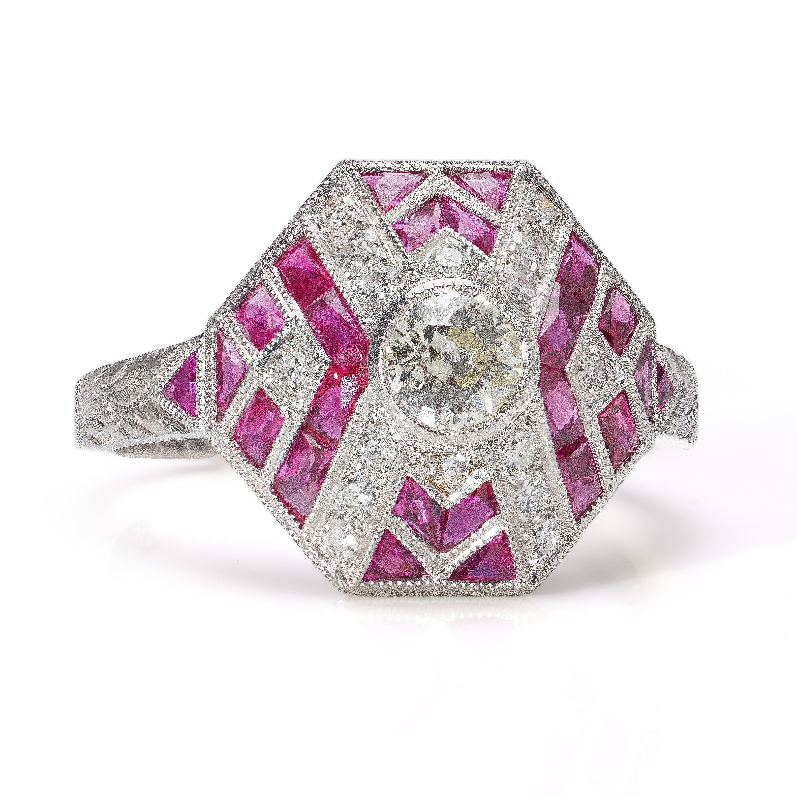 Platinum Art Deco-Inspired Diamond and Ruby Ring For Sale 2