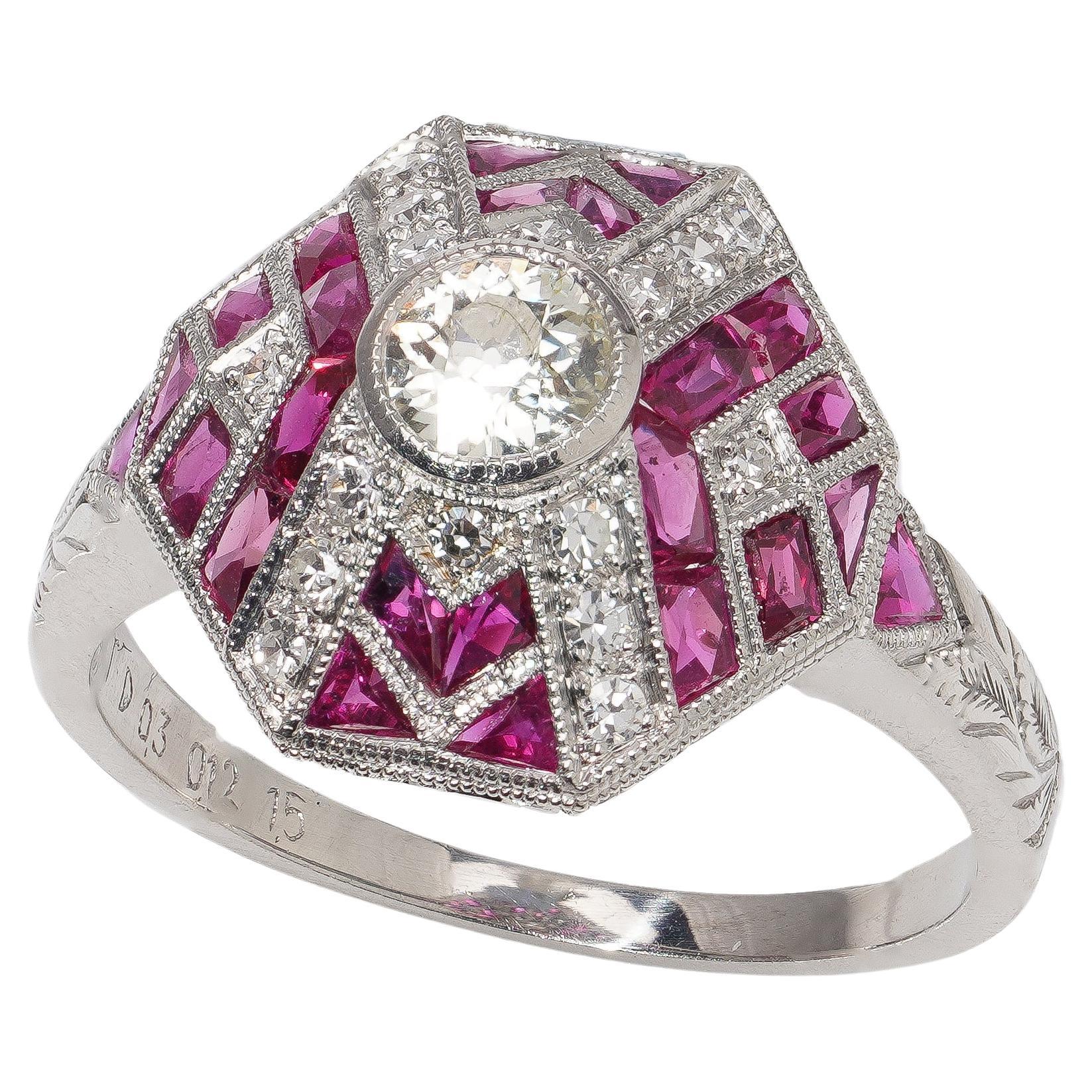 Platinum Art Deco-Inspired Diamond and Ruby Ring For Sale