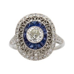 Antique Platinum Art Deco Inspired Diamond and Sapphire Ring