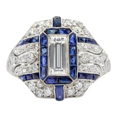 Platinum Art Deco Inspired Diamonds and Sapphires Ring