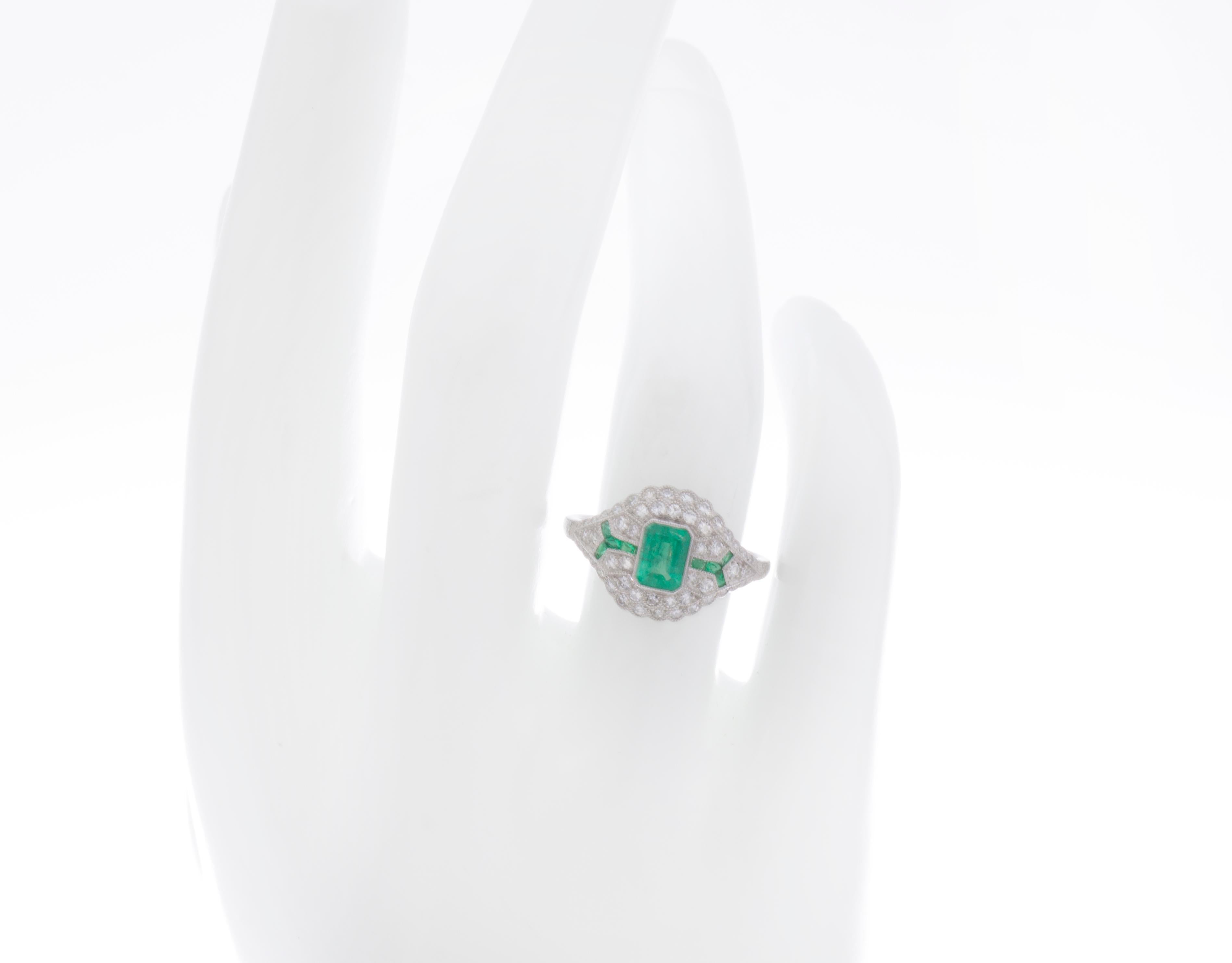Women's Platinum Art Deco Inspired Emerald and Diamond Ring For Sale