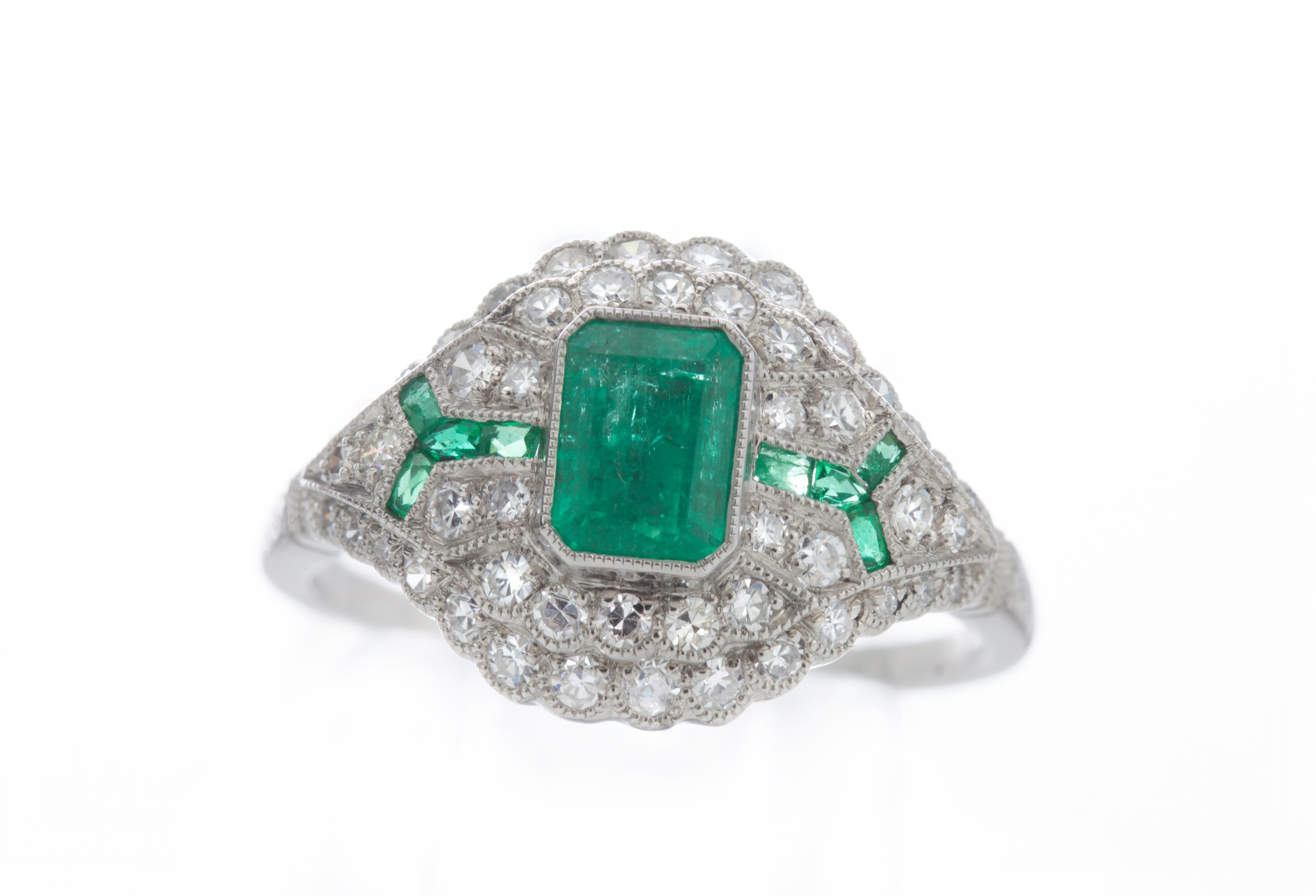 Platinum Art Deco Inspired Emerald and Diamond Ring For Sale 1