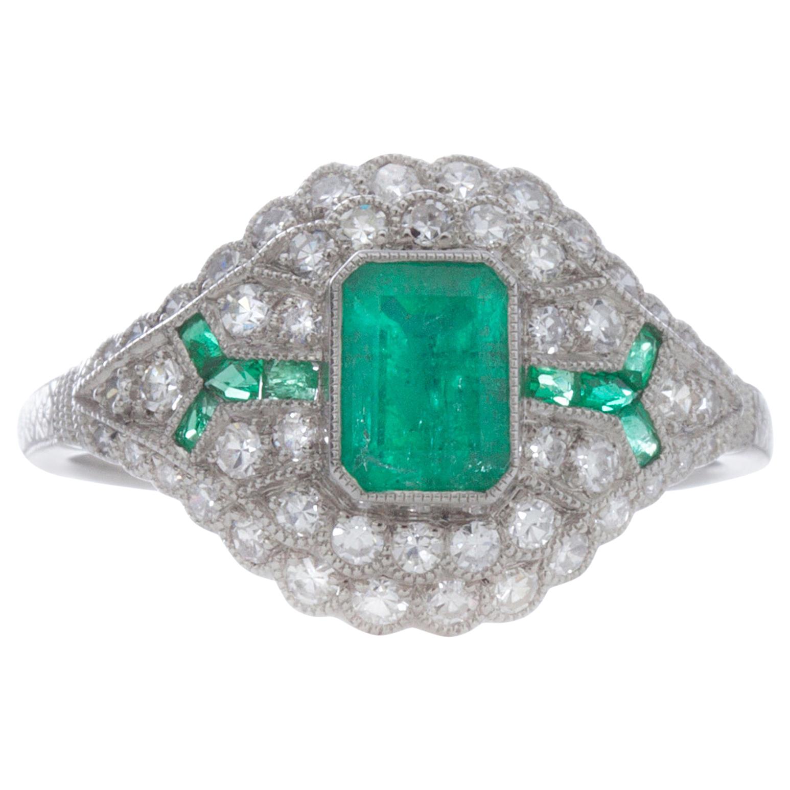 Platinum Art Deco Inspired Emerald and Diamond Ring For Sale