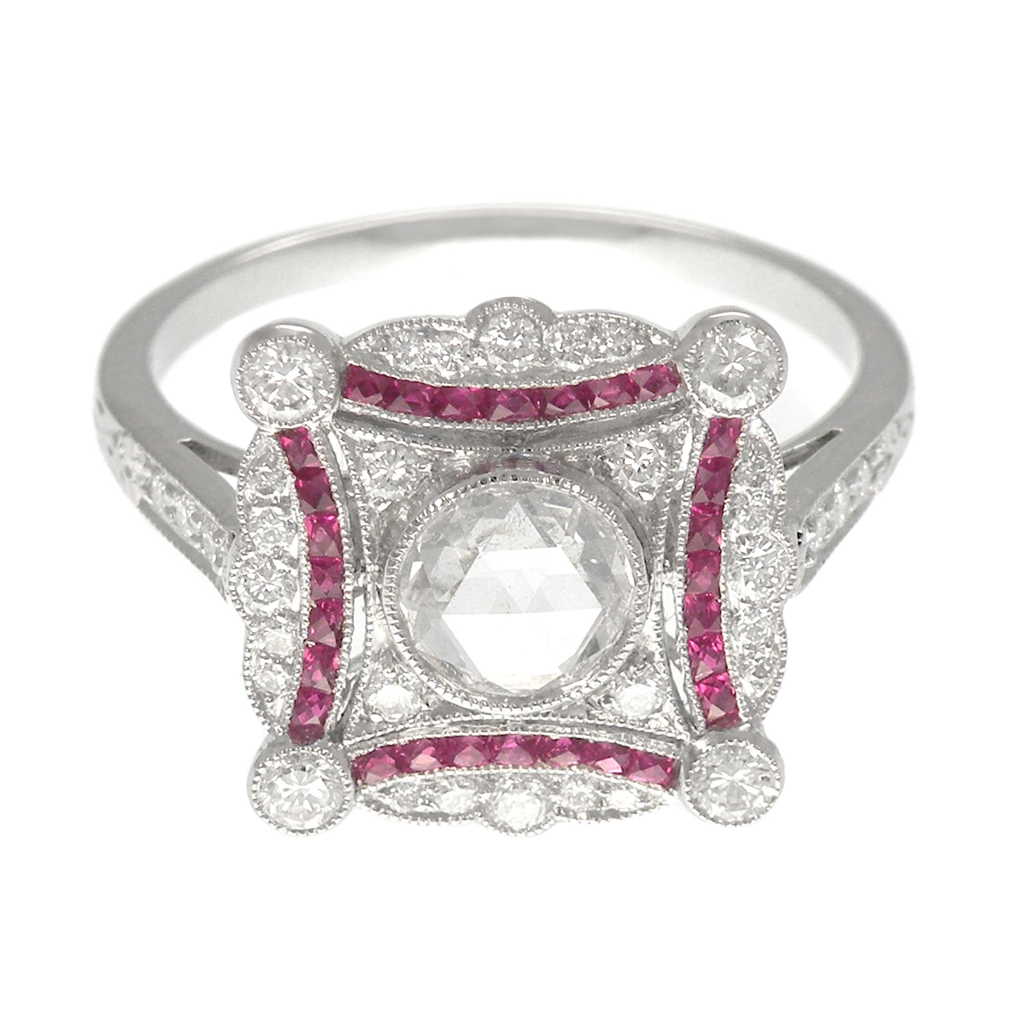 Platinum Art Deco Inspired Ruby and Diamond Ring In New Condition For Sale In Bangkok, TH