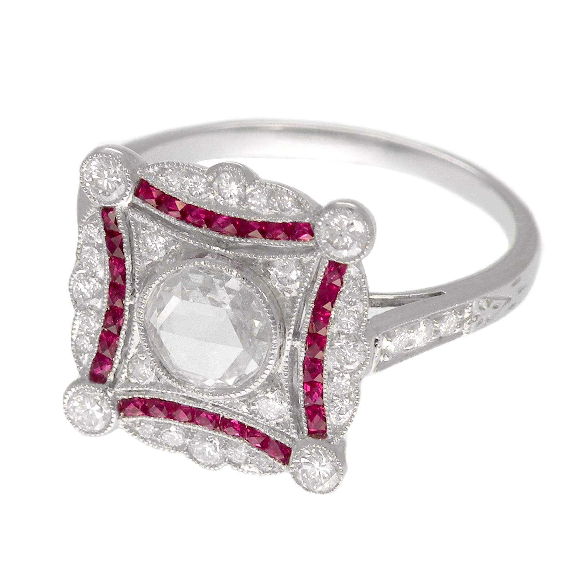 Women's or Men's Platinum Art Deco Inspired Ruby and Diamond Ring For Sale