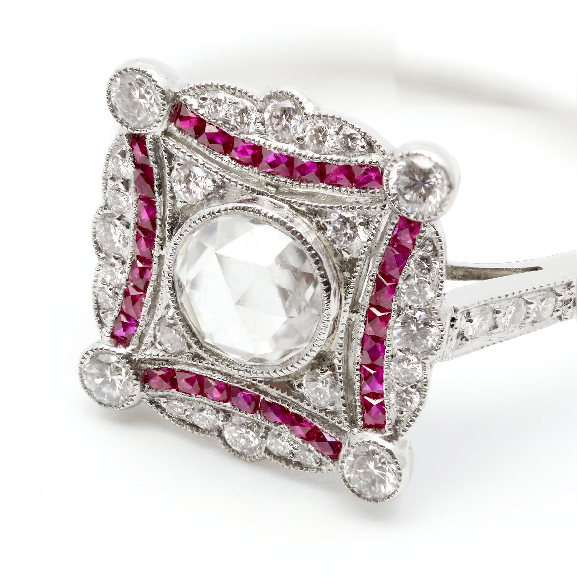 Platinum Art Deco Inspired Ruby and Diamond Ring For Sale 3
