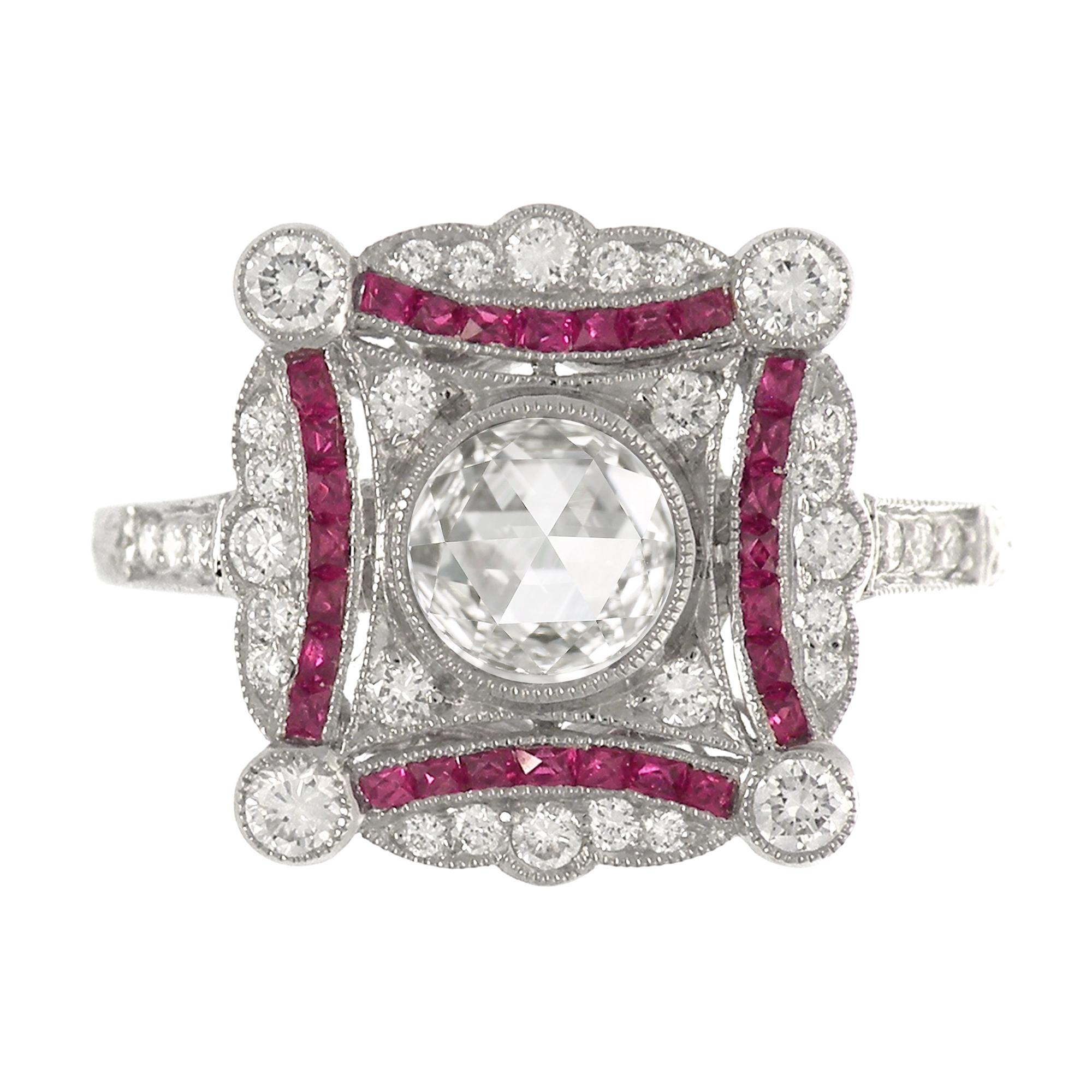 Platinum Art Deco Inspired Ruby and Diamond Ring For Sale