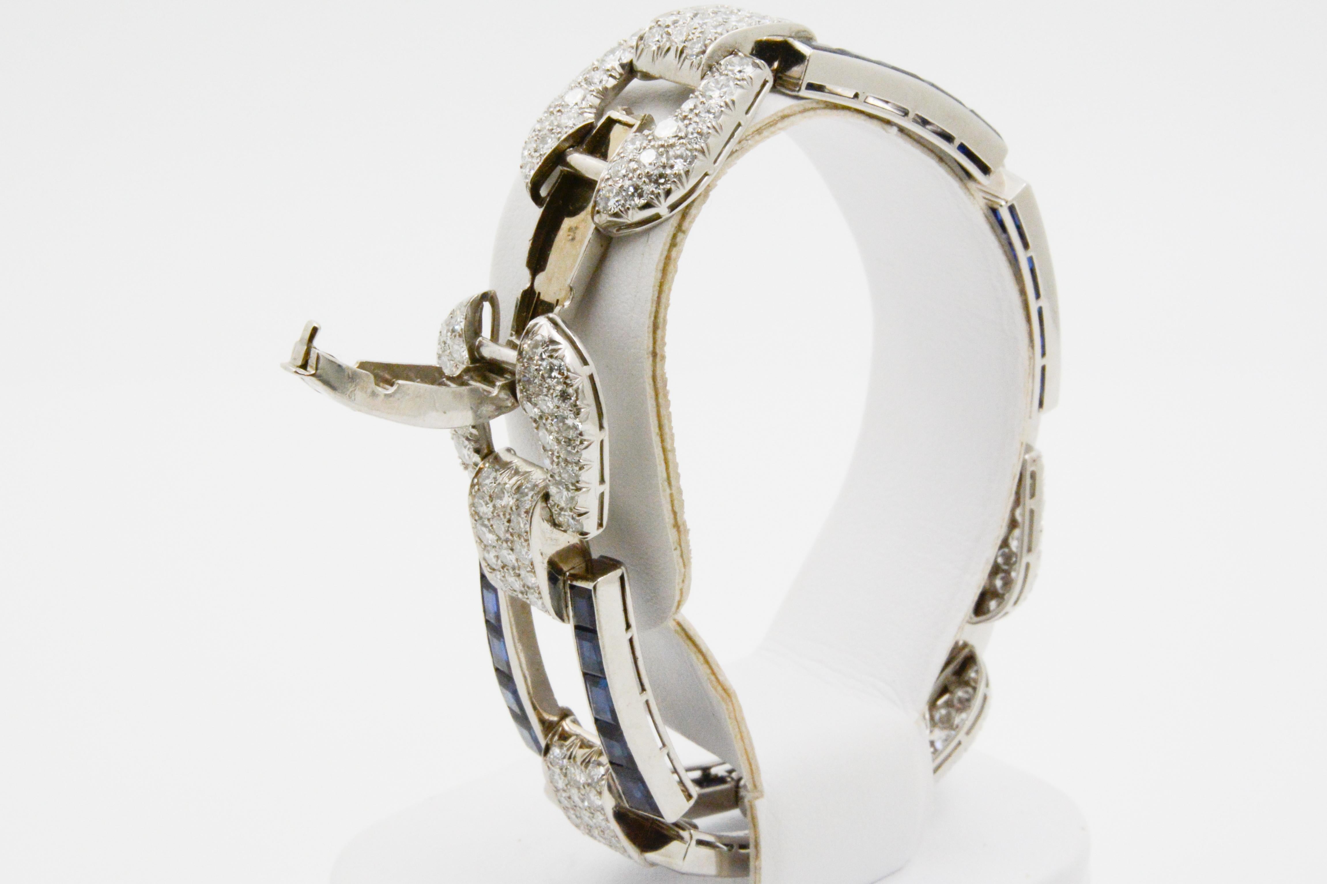 Platinum Art Deco Inspired Sapphire and Diamond Buckle Link Bracelet 5