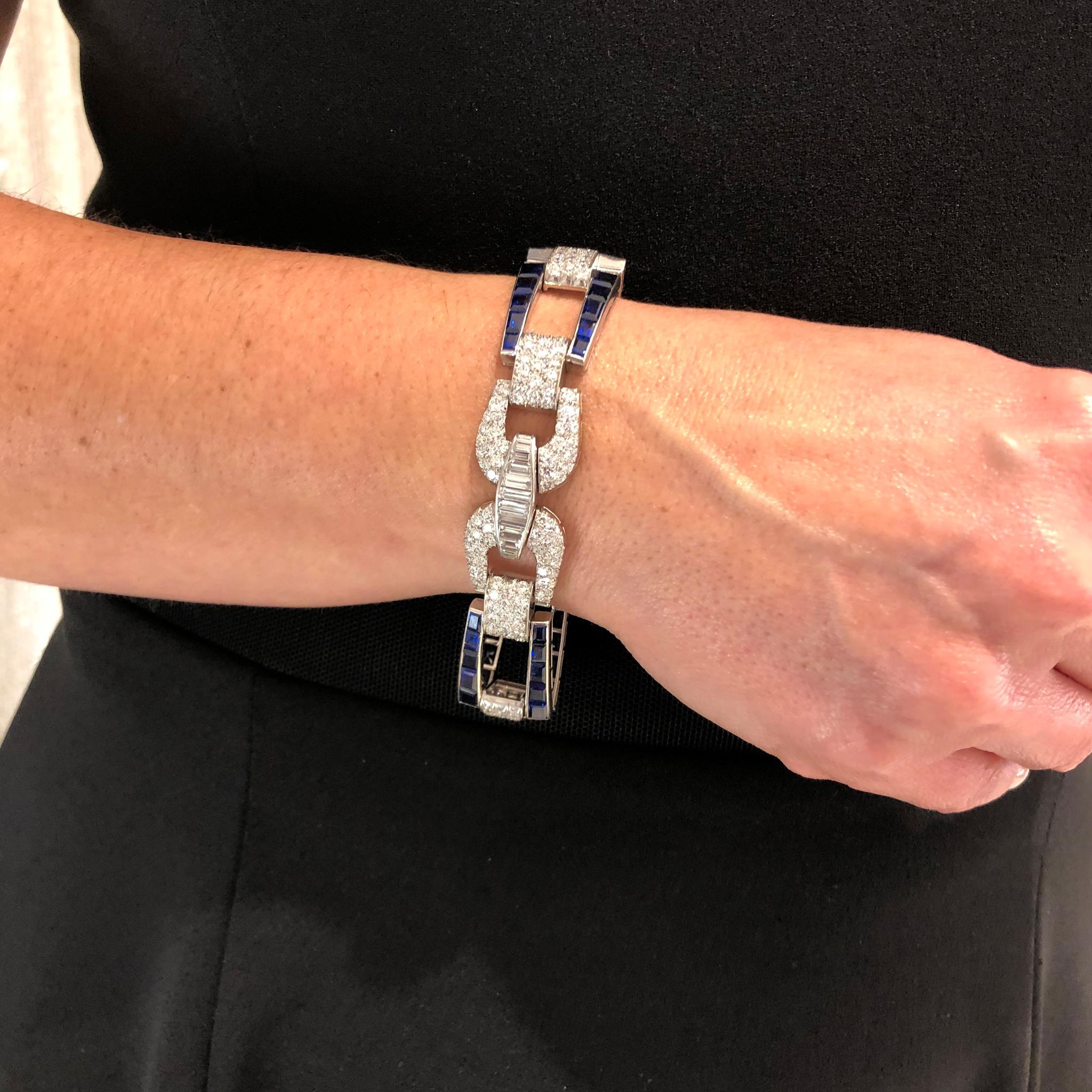 Platinum Art Deco Inspired Sapphire and Diamond Buckle Link Bracelet 6