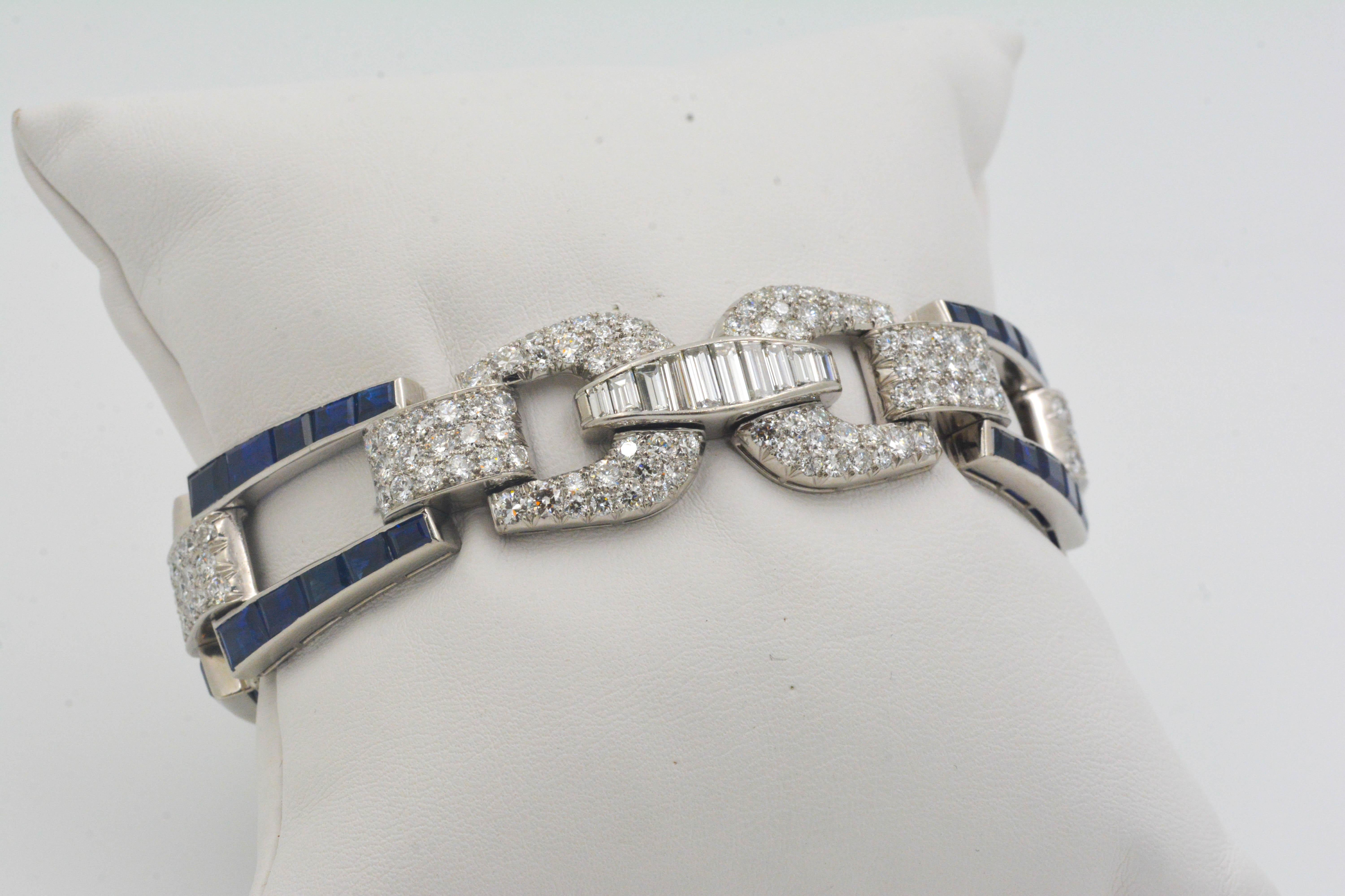 Platinum Art Deco Inspired Sapphire and Diamond Buckle Link Bracelet 1