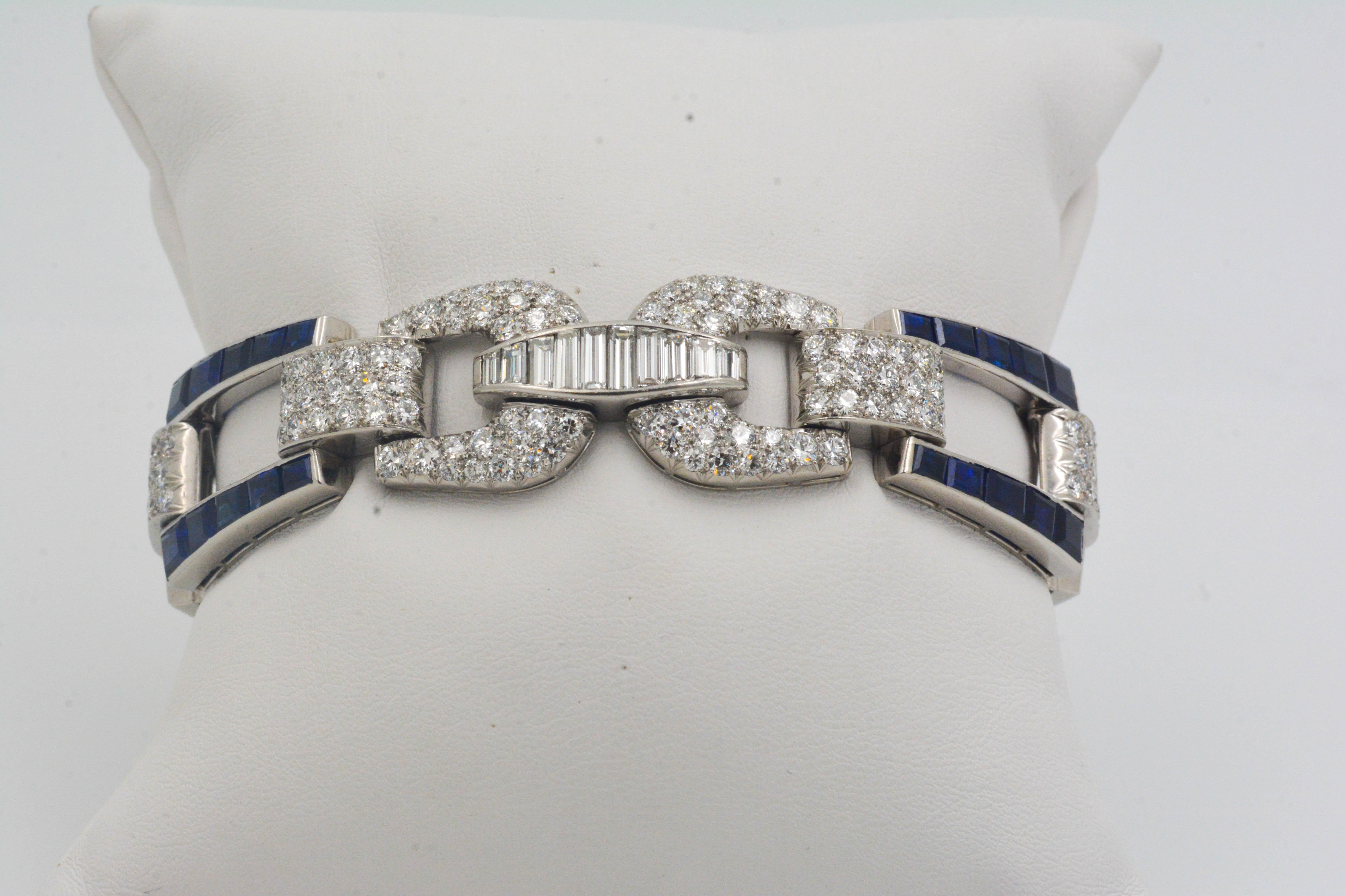 Modern Platinum Art Deco Inspired Sapphire and Diamond Buckle Link Bracelet