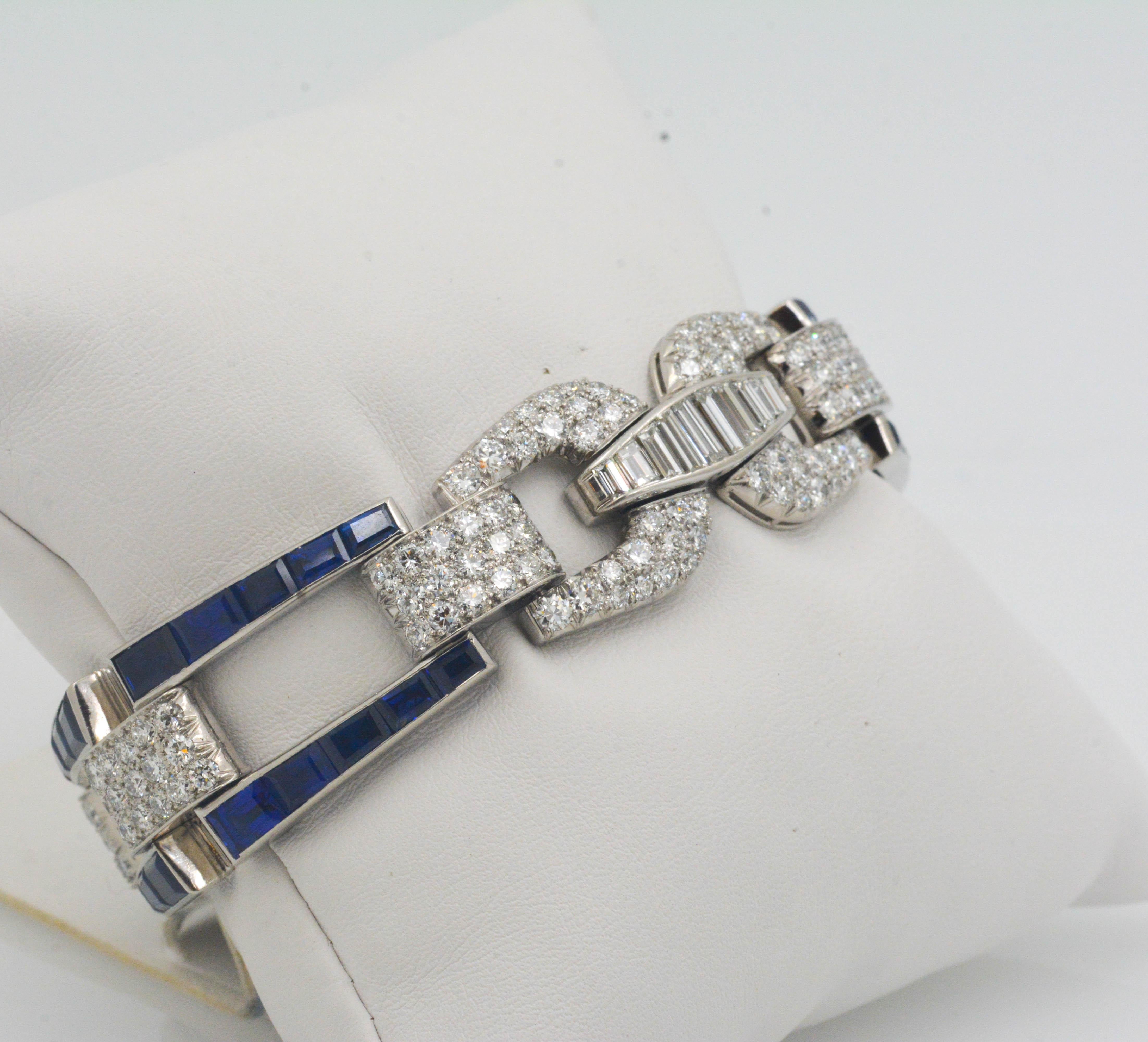 Baguette Cut Platinum Art Deco Inspired Sapphire and Diamond Buckle Link Bracelet