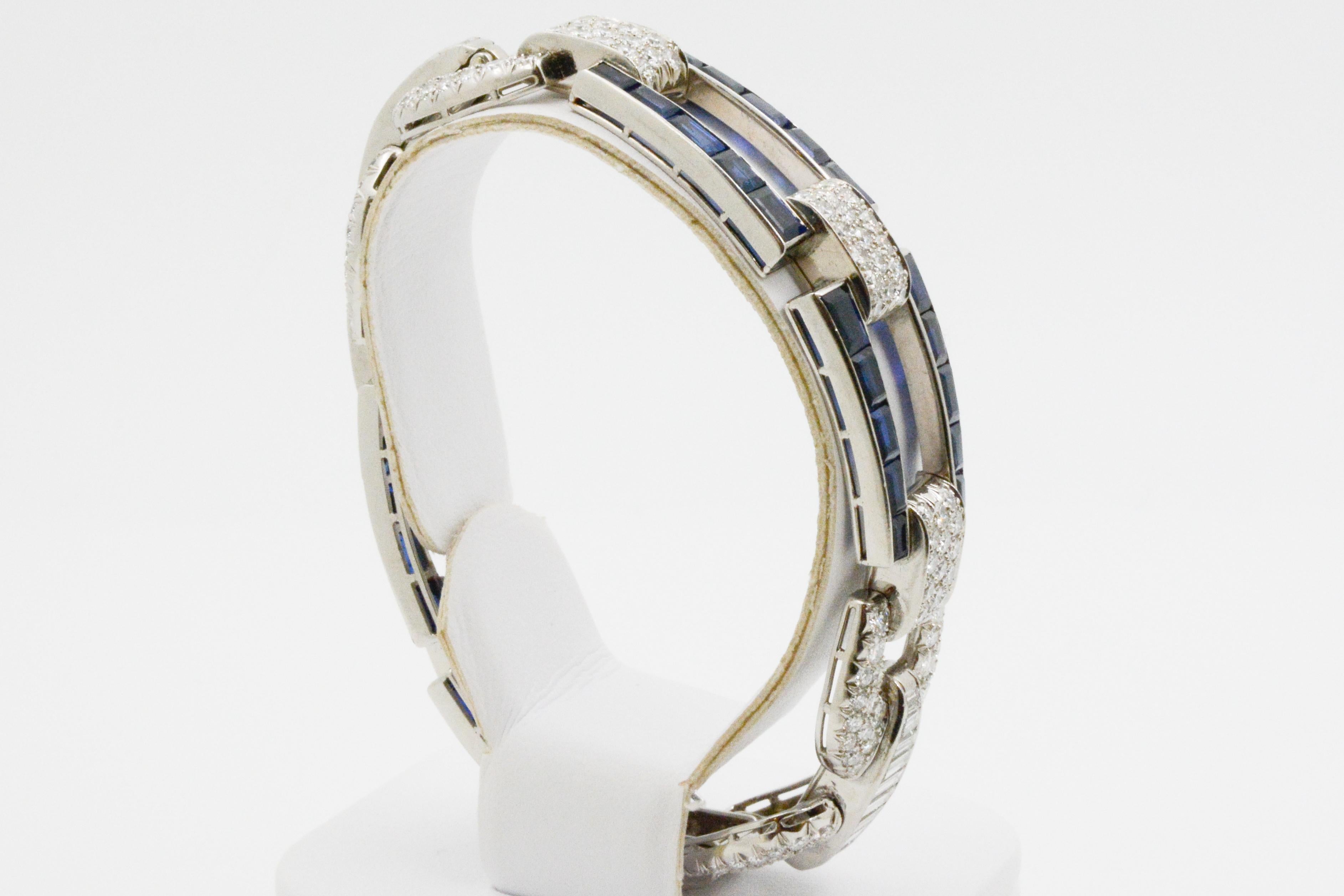 Women's Platinum Art Deco Inspired Sapphire and Diamond Buckle Link Bracelet
