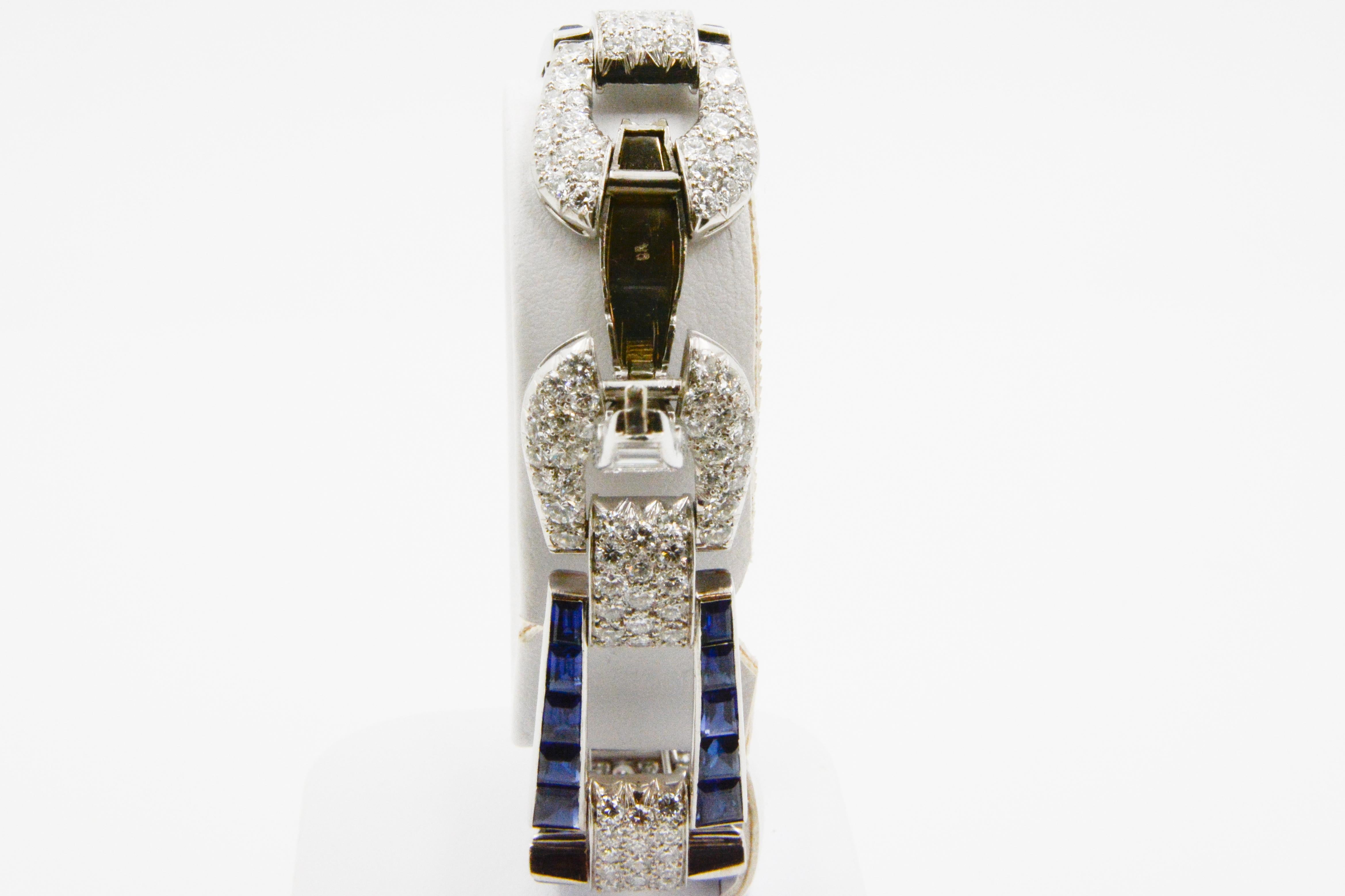 Platinum Art Deco Inspired Sapphire and Diamond Buckle Link Bracelet 2
