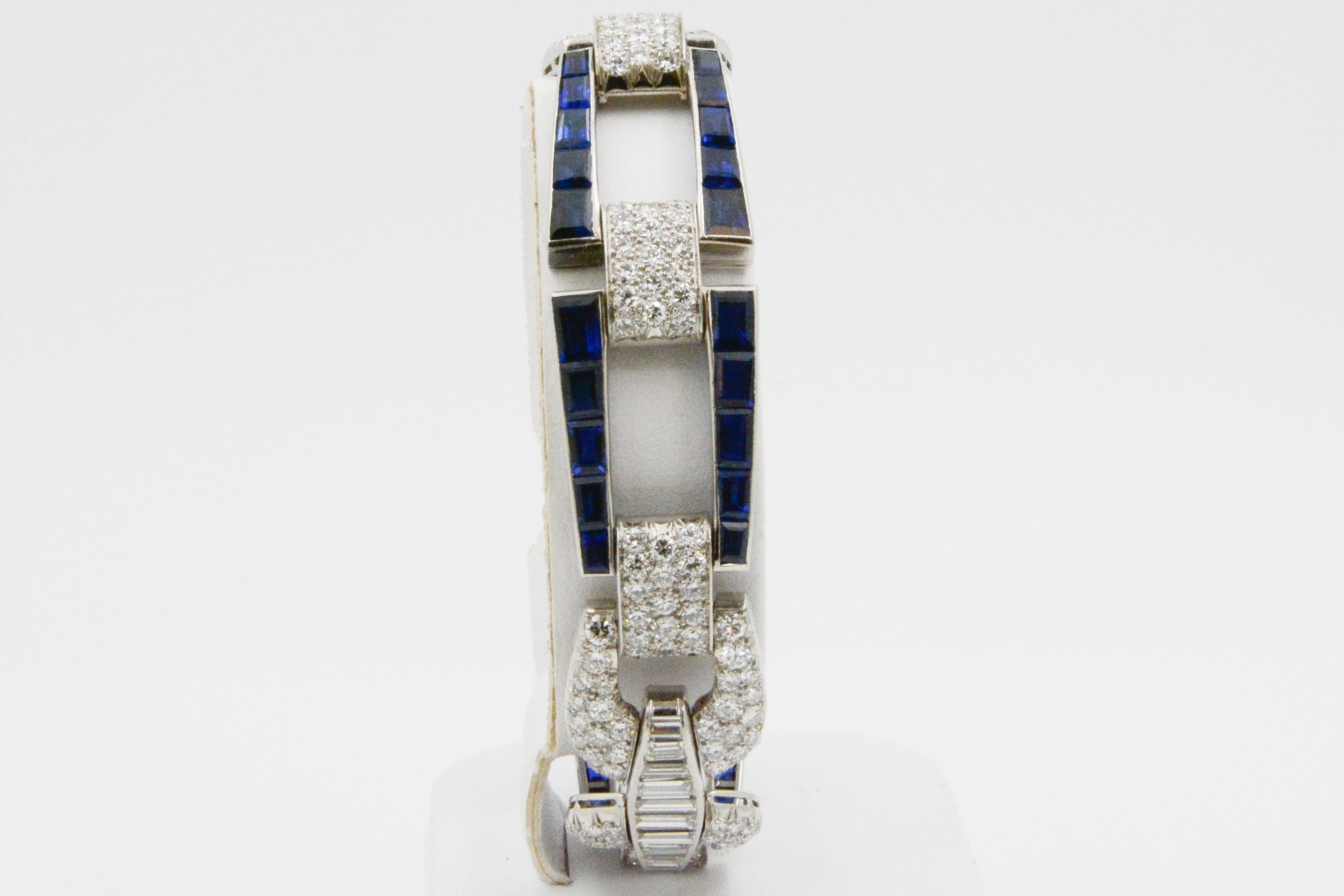 Platinum Art Deco Inspired Sapphire and Diamond Buckle Link Bracelet 3