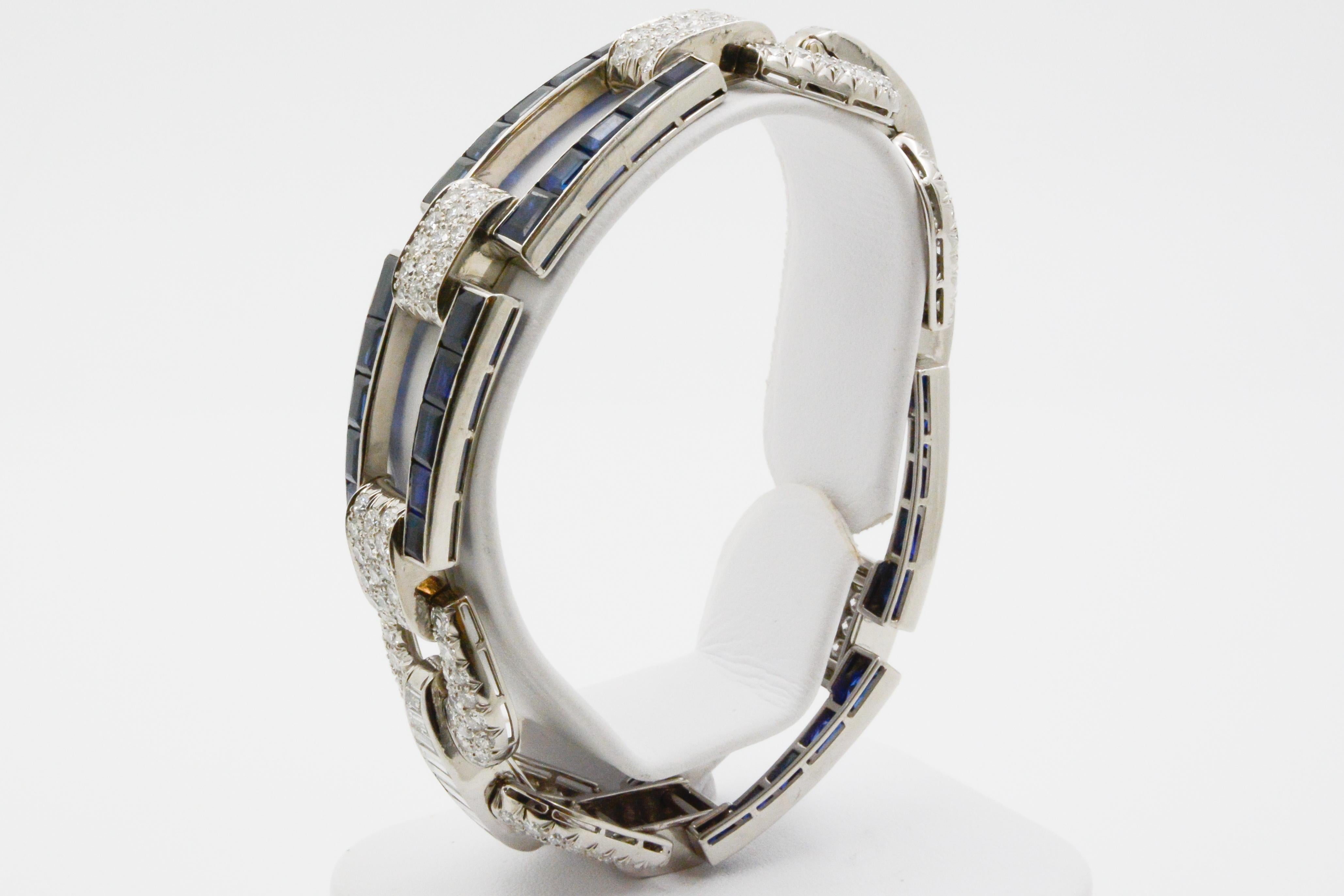 Platinum Art Deco Inspired Sapphire and Diamond Buckle Link Bracelet 4