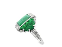 Platinum Art Deco Jade Ring with 2 Carved Jade Bats