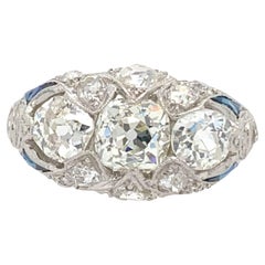 Platin Art Deco Minenschliff Diamant und Saphir Ring