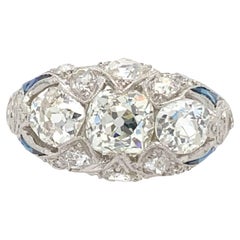 Vintage Platinum Art Deco Mine Cut Diamond And Sapphire Ring