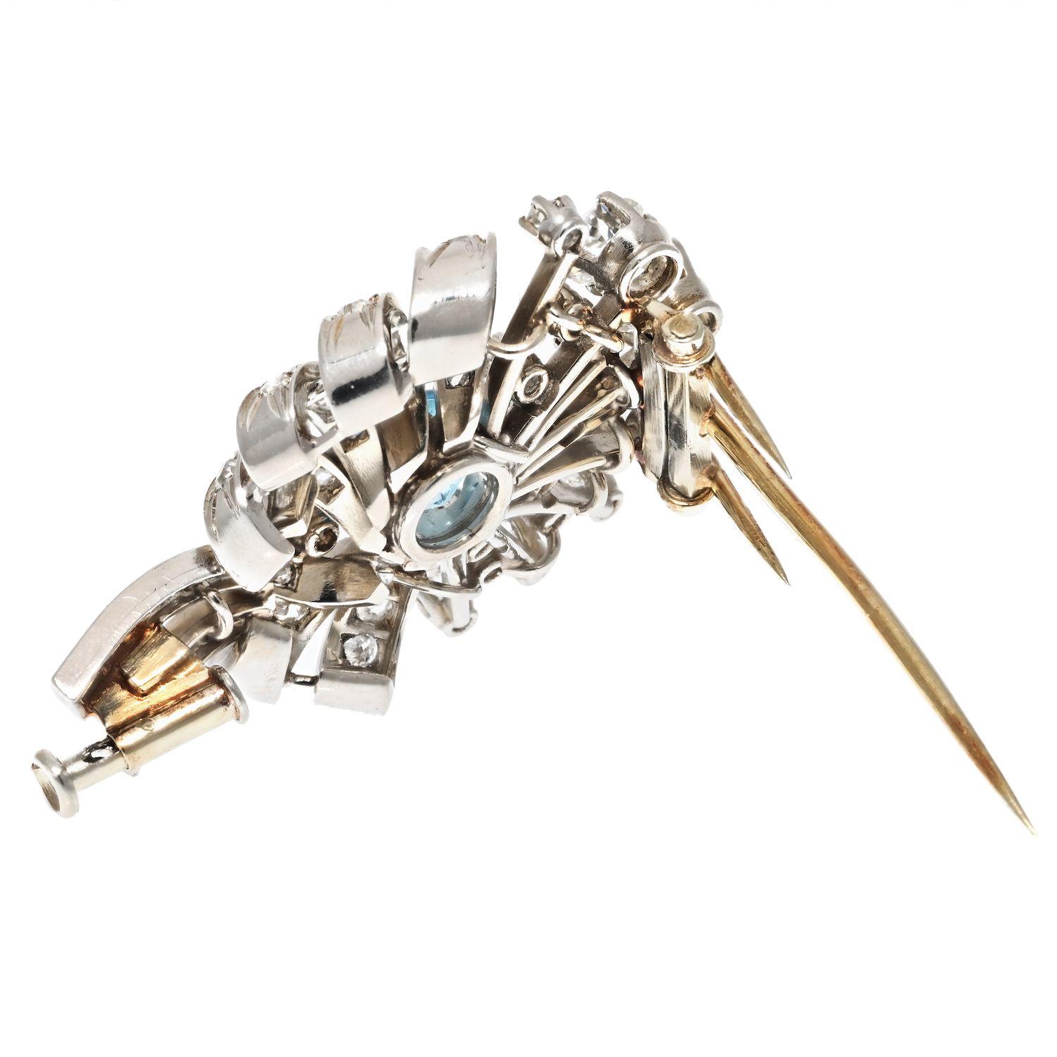 Women's Platinum Art Deco Mini Flower Diamond And Aquamarine Brooch