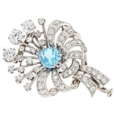Platinum Art Deco Mini Flower Diamond And Aquamarine Brooch