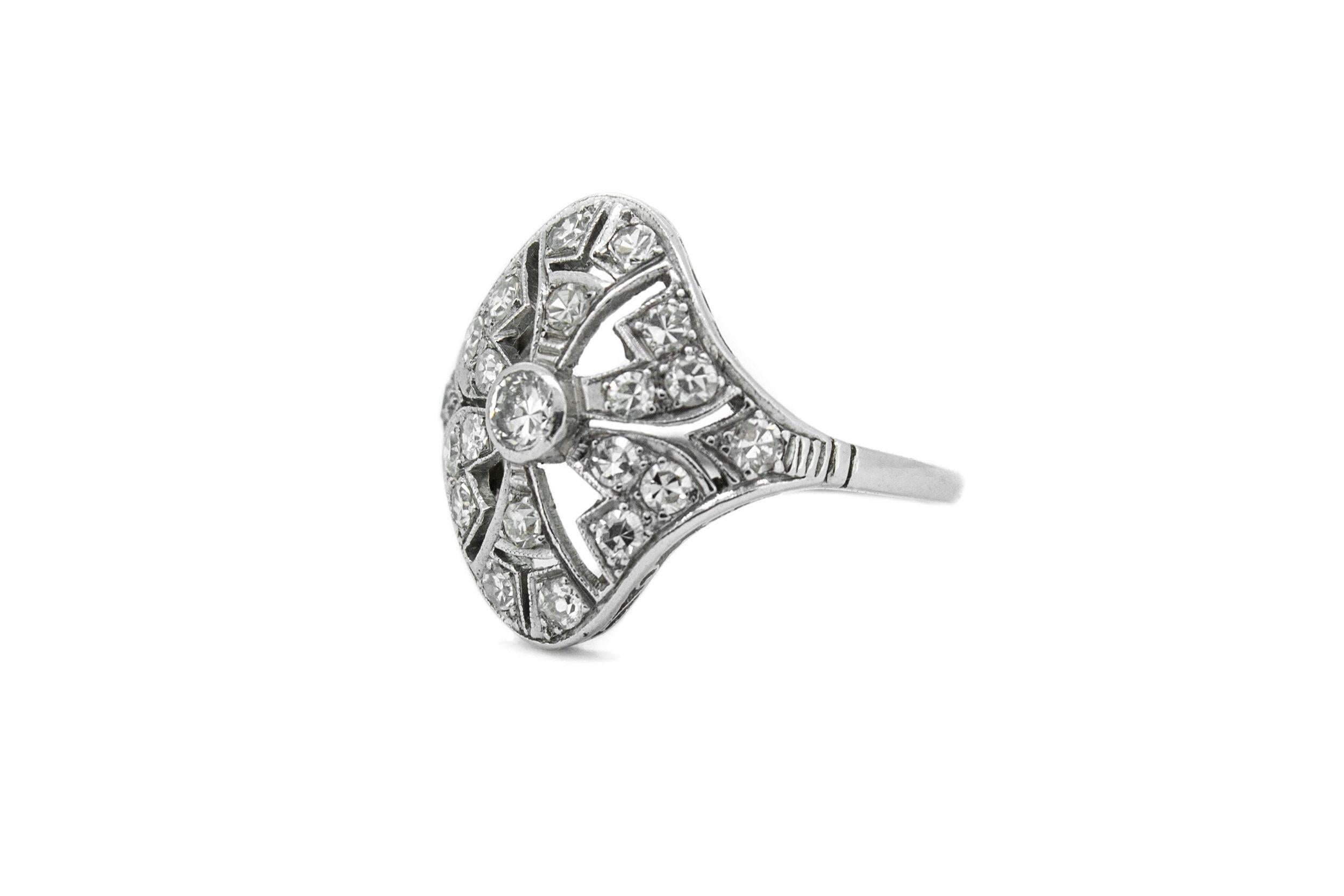 Single Cut Platinum Art Deco Natural Diamond Filigree Cocktail Ring For Sale