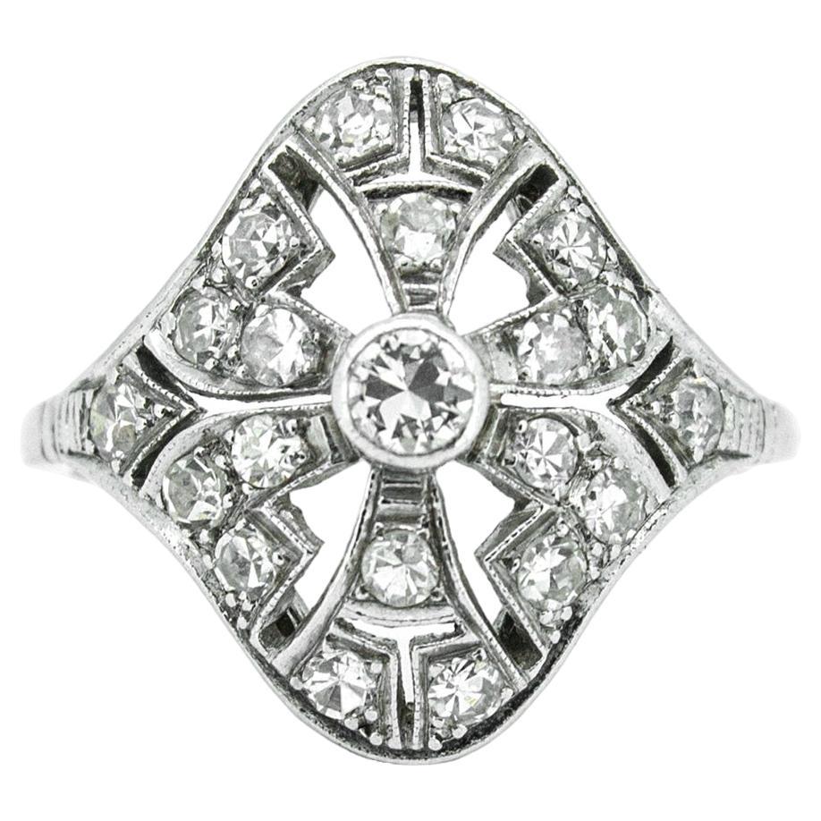 Platinum Art Deco Natural Diamond Filigree Cocktail Ring For Sale