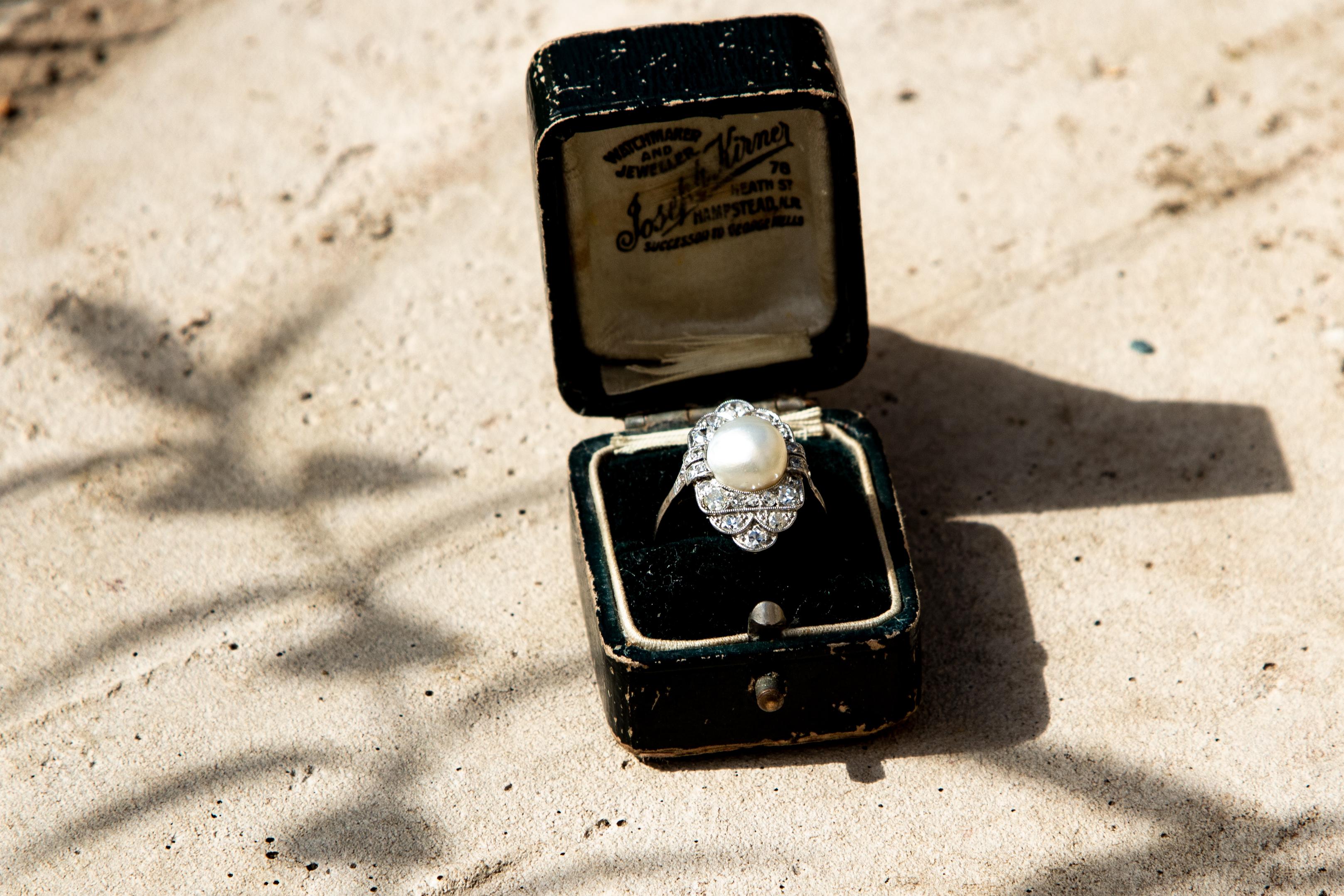 Women's or Men's Platinum Art Deco Natural Pearl and Diamond Panel Ring