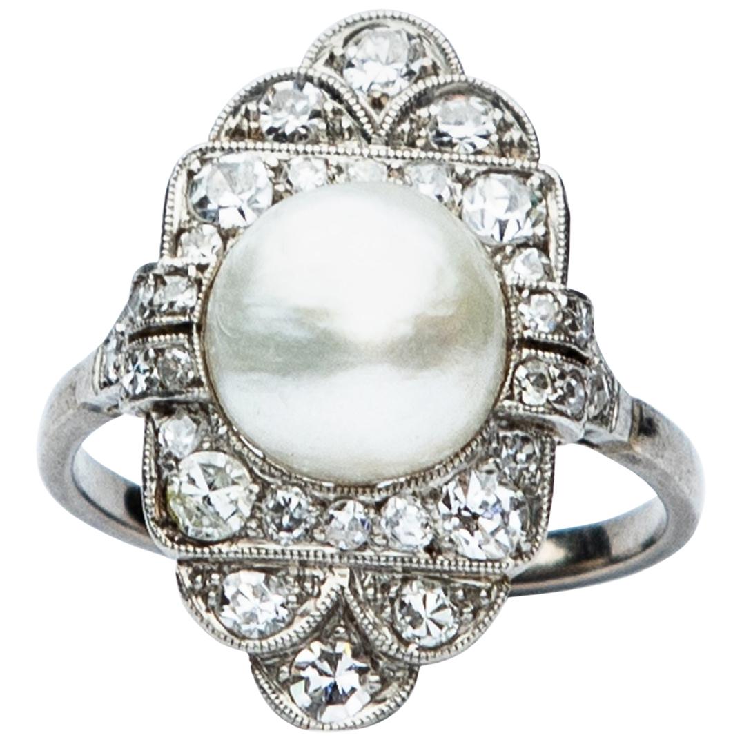 Platinum Art Deco Natural Pearl and Diamond Panel Ring