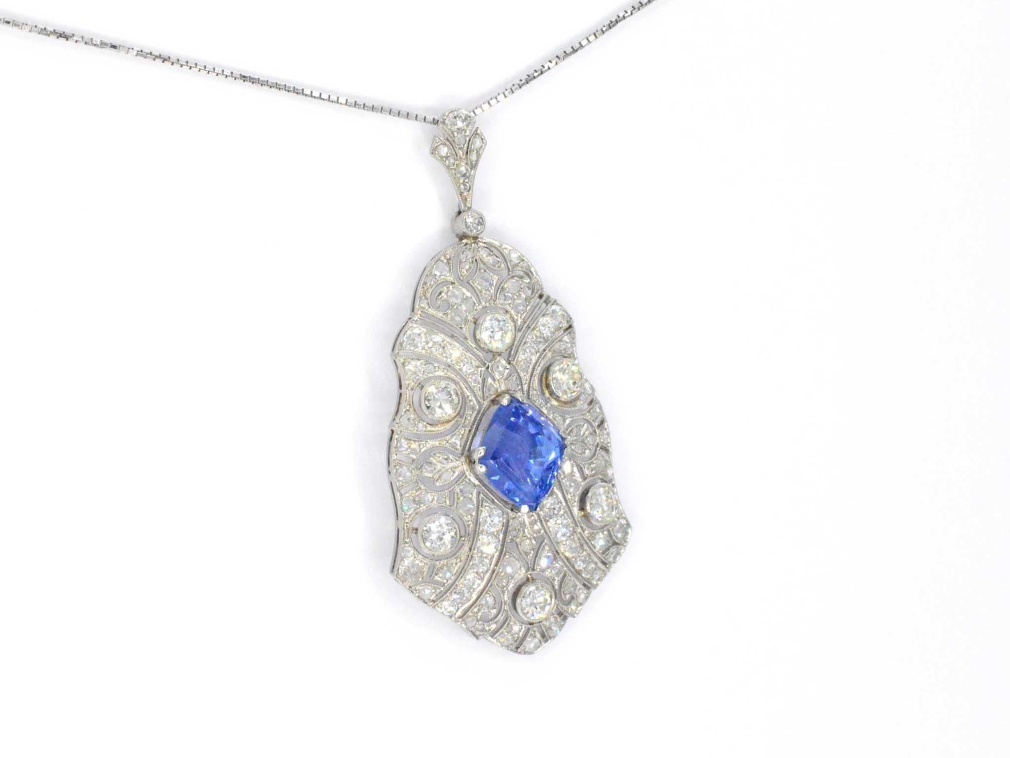 Brilliant Cut Platinum Art deco necklace full set with diamonds and a natural Sapphire For Sale