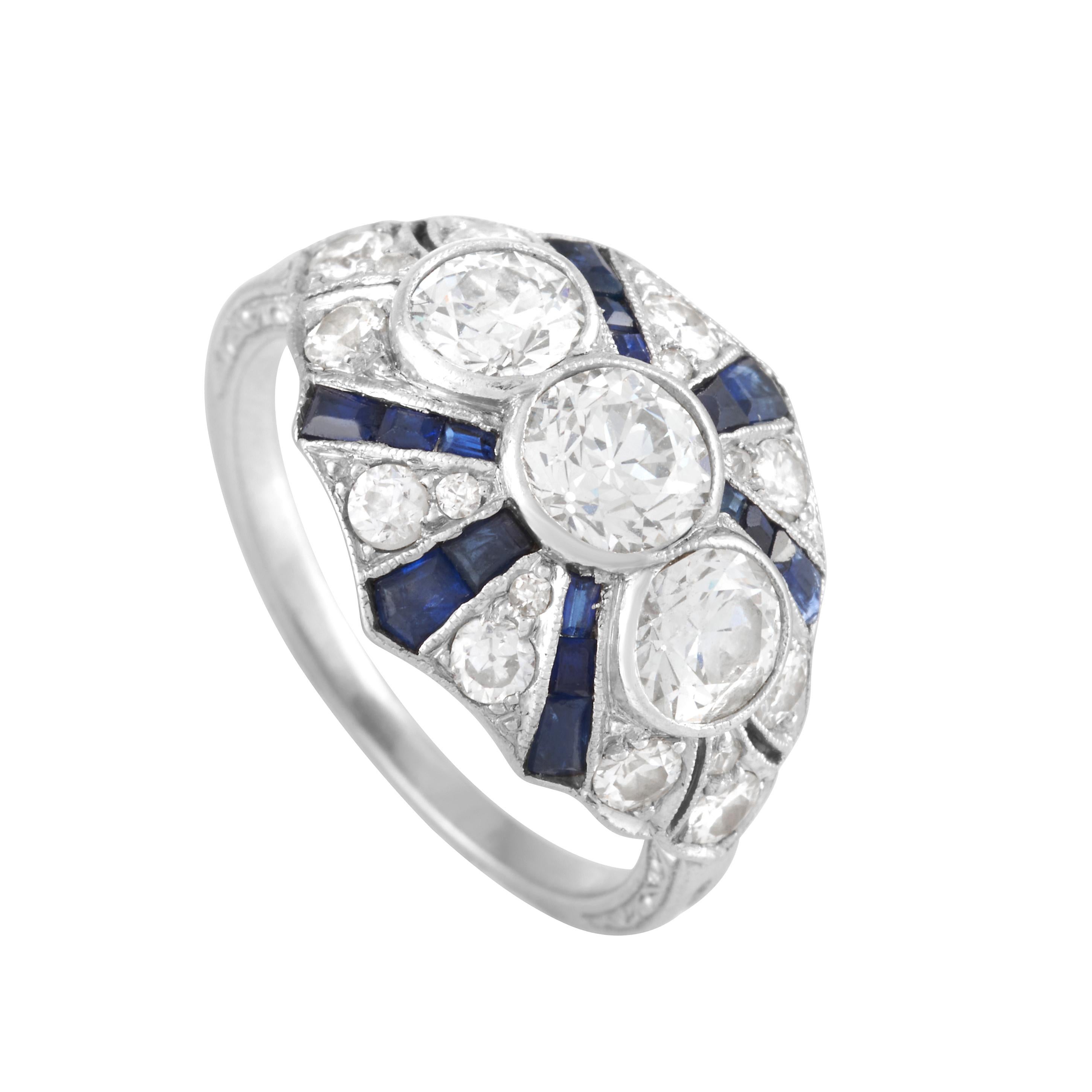 Art Deco Old European Cut Diamond and Synthetic Sapphire Ring in Platinum In Good Condition In Philadelphia, PA