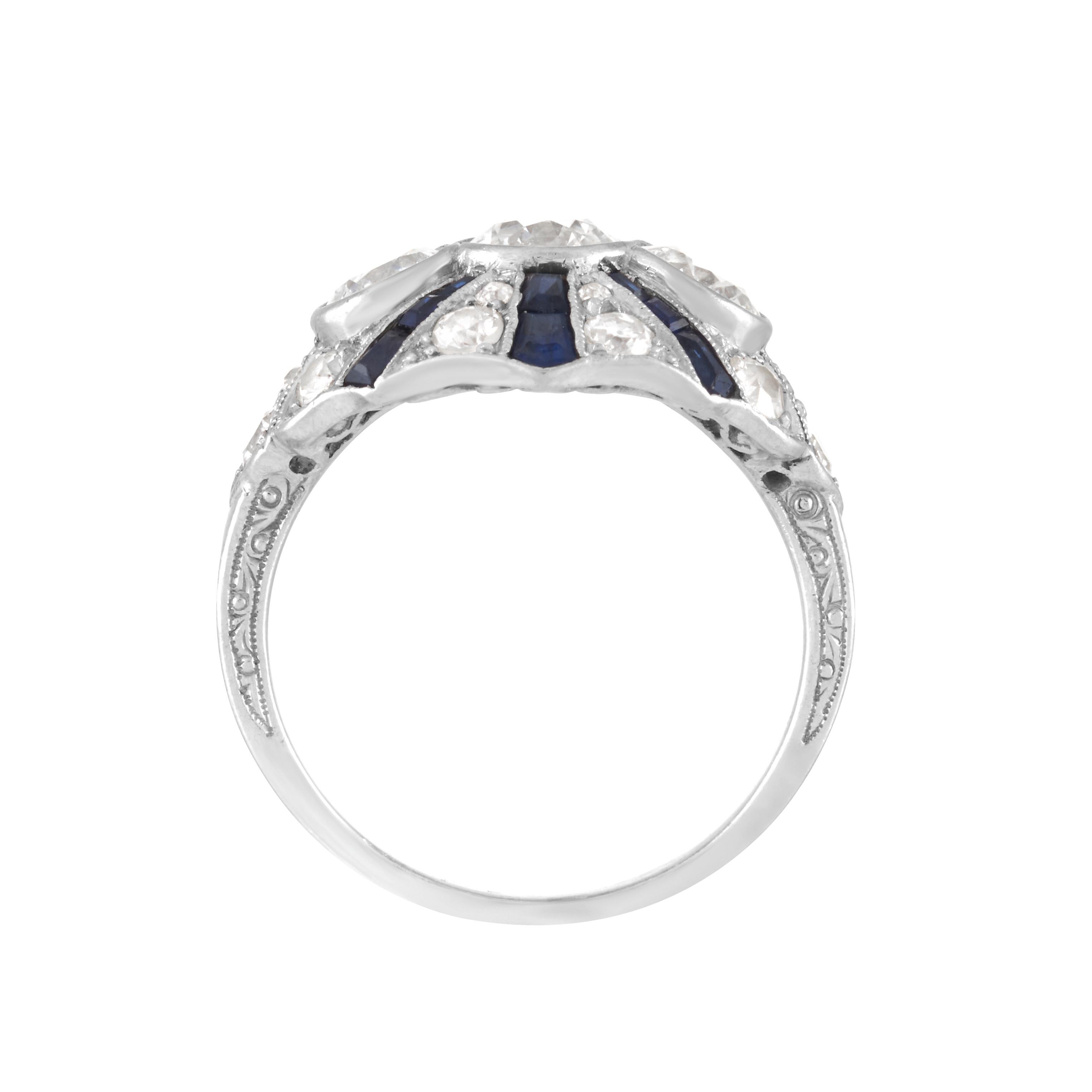 Women's Art Deco Old European Cut Diamond and Synthetic Sapphire Ring in Platinum