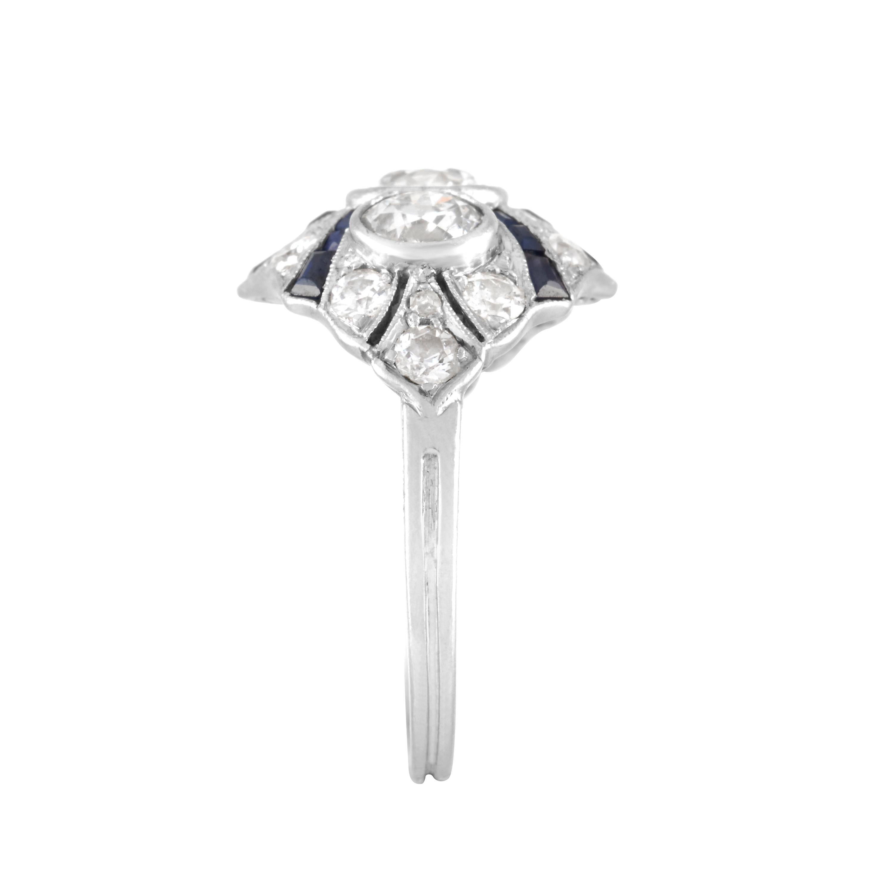 Art Deco Old European Cut Diamond and Synthetic Sapphire Ring in Platinum 1