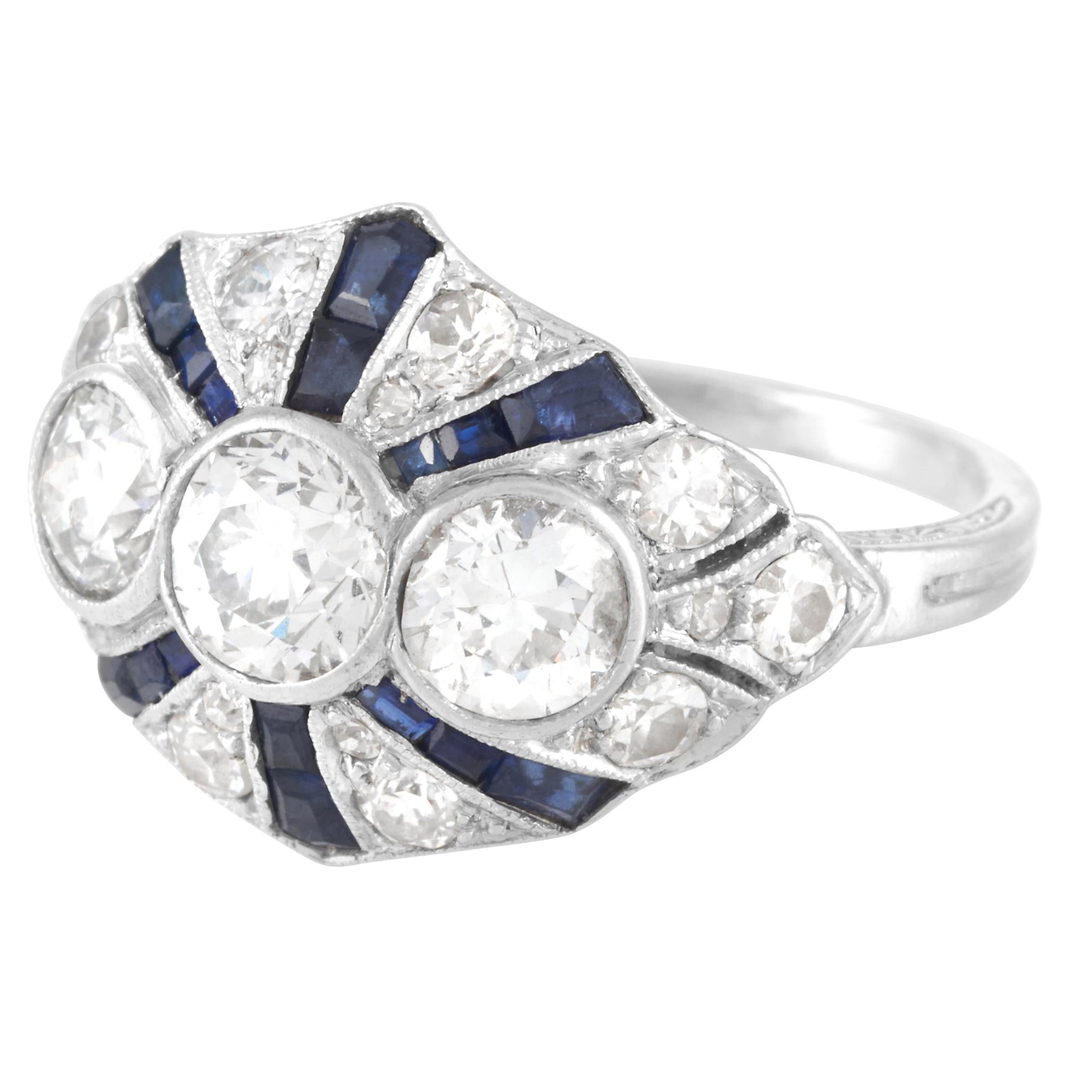 Art Deco Old European Cut Diamond and Synthetic Sapphire Ring in Platinum