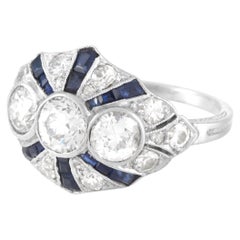 Art Deco Old European Cut Diamond and Synthetic Sapphire Ring in Platinum