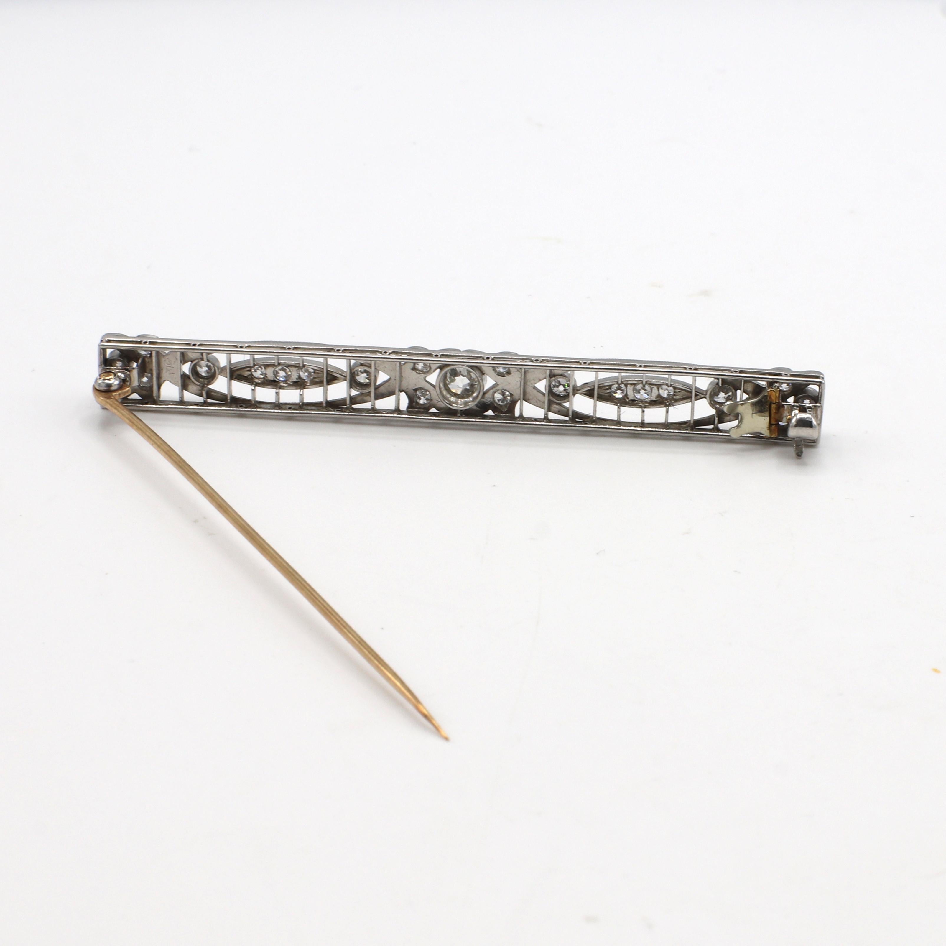 Platinum Art Deco Old European Cut Natural Diamond Bar Pin Brooch Pin For Sale 2