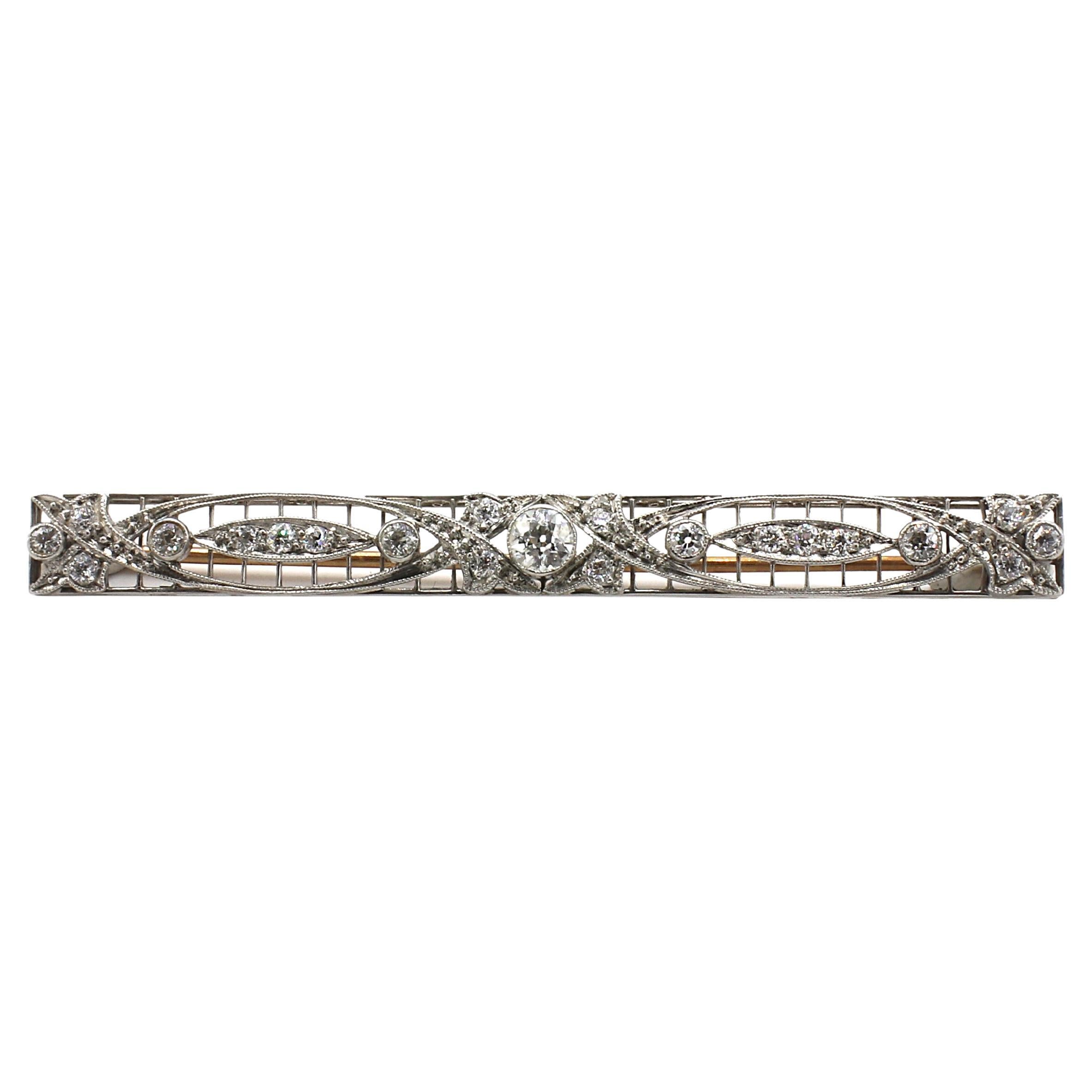 Platinum Art Deco Old European Cut Natural Diamond Bar Pin Brooch Pin For Sale