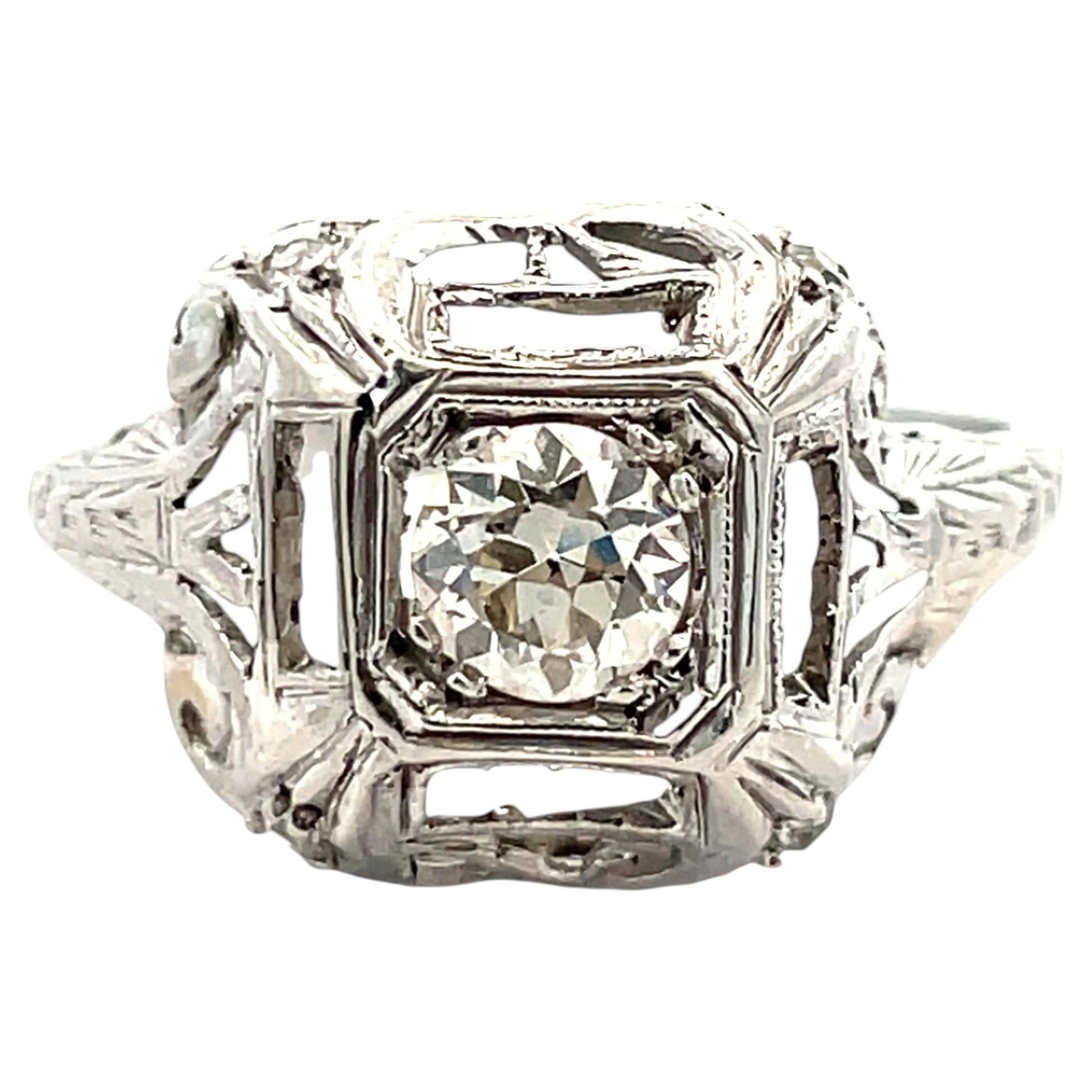 Anillo Filigrana Platino Art Decó Diamante Corte Viejo Europeo