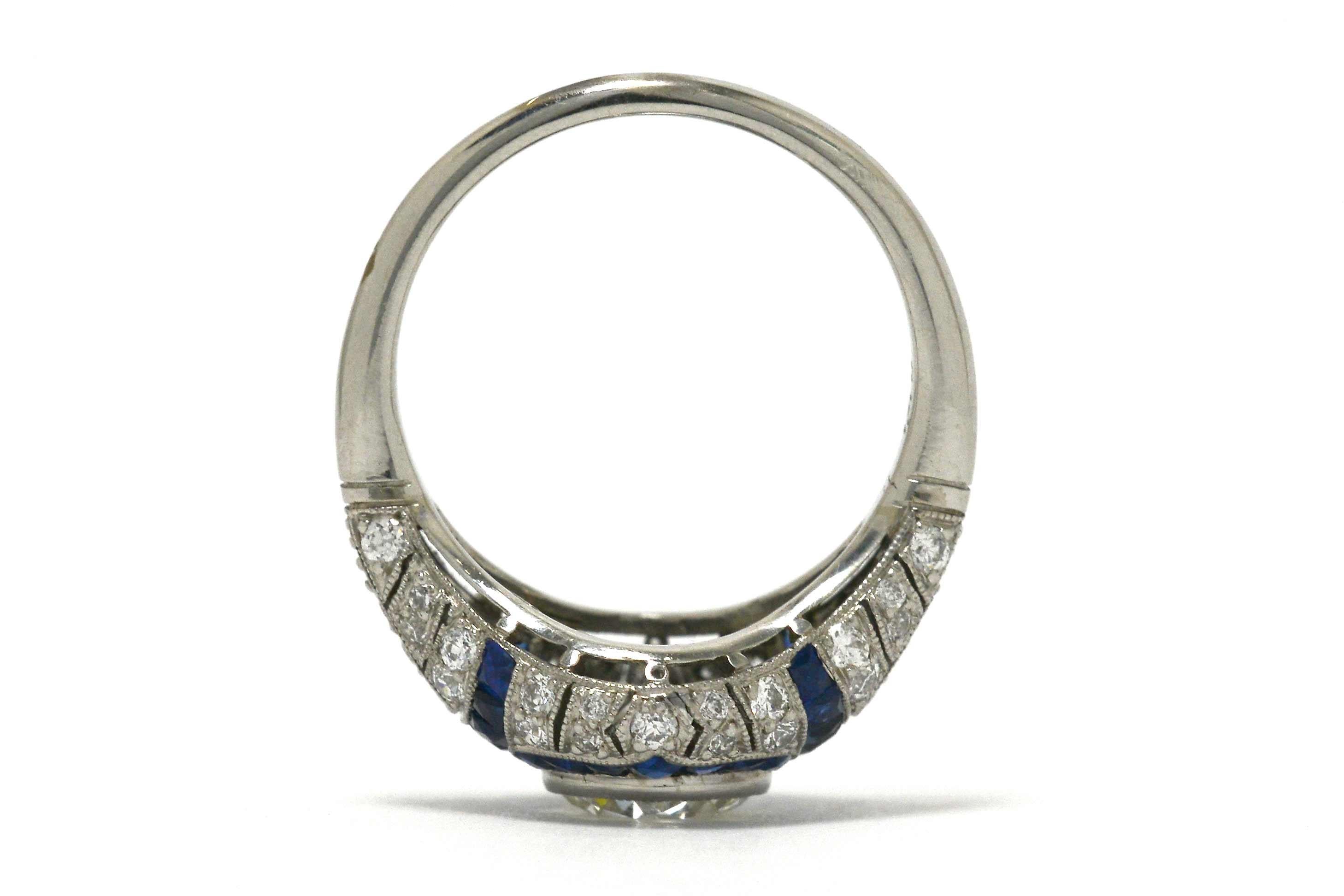 Old European Diamond Engagement Ring French Cut Sapphires im Zustand „Neu“ in Santa Barbara, CA