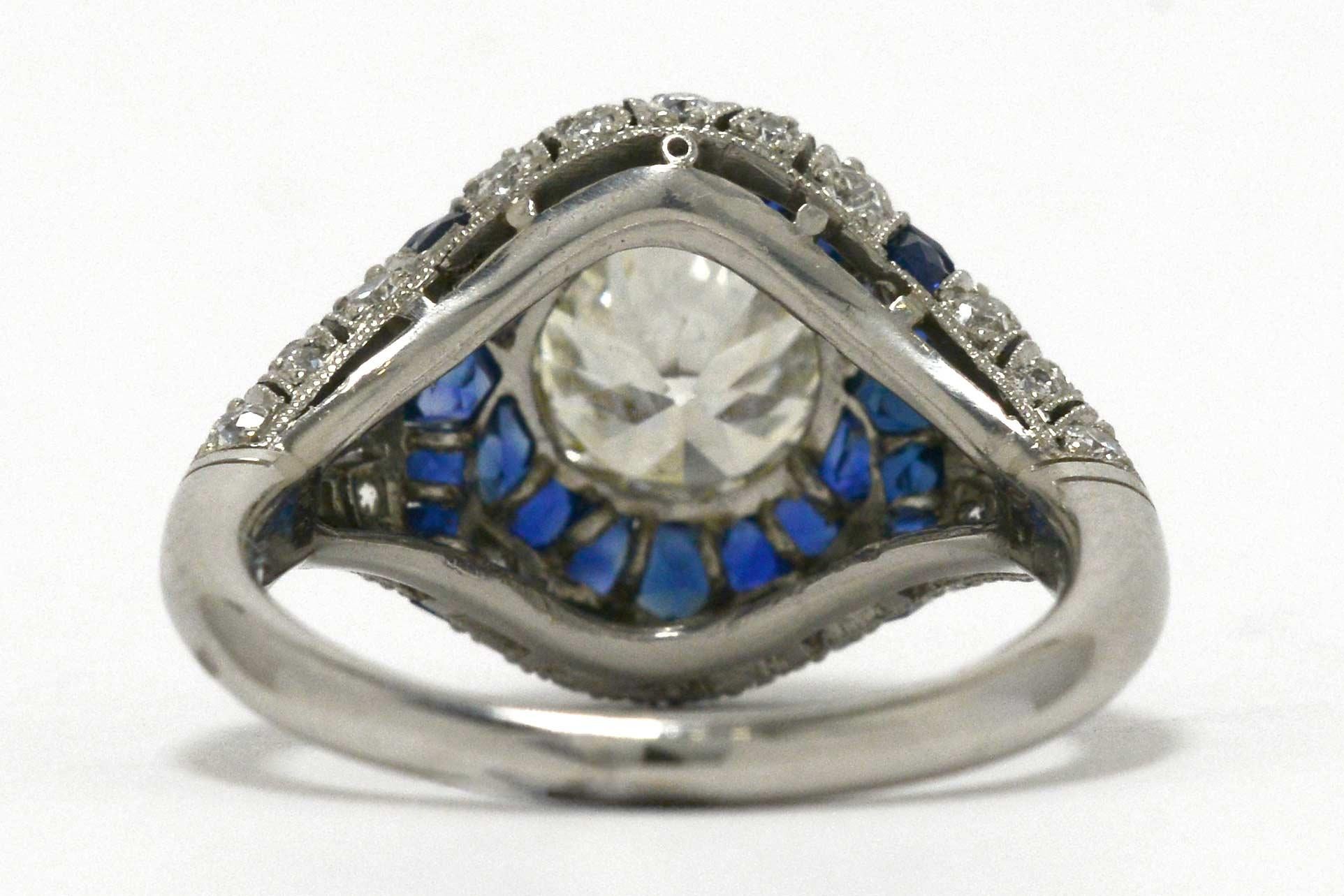 Old European Diamond Engagement Ring French Cut Sapphires für Damen oder Herren