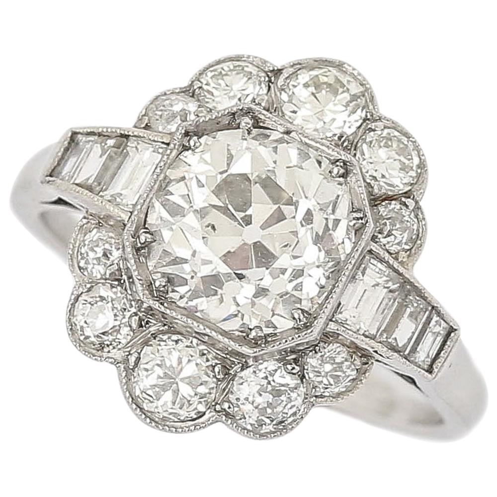 2.55 Carat Old Mine Cut Platinum Diamond Cluster Art Deco Engagement Ring c.1920