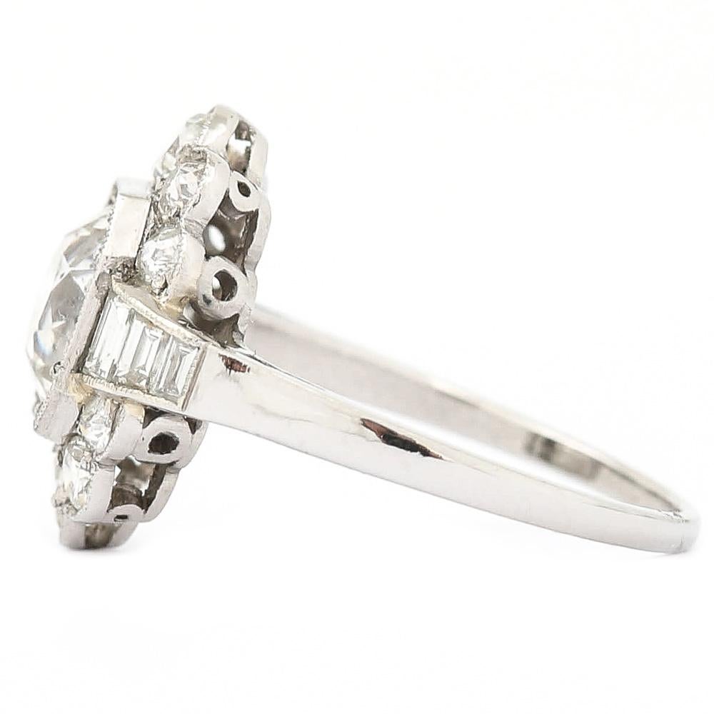 Women's 2.55 Carat Old Mine Cut Platinum Diamond Cluster Art Deco Engagement Ring c.1920