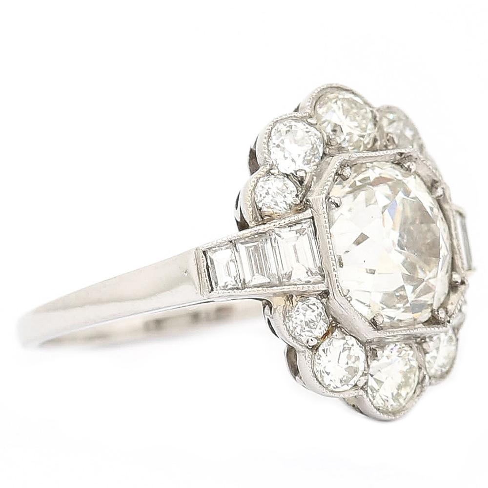 2.55 Carat Old Mine Cut Platinum Diamond Cluster Art Deco Engagement Ring c.1920 1