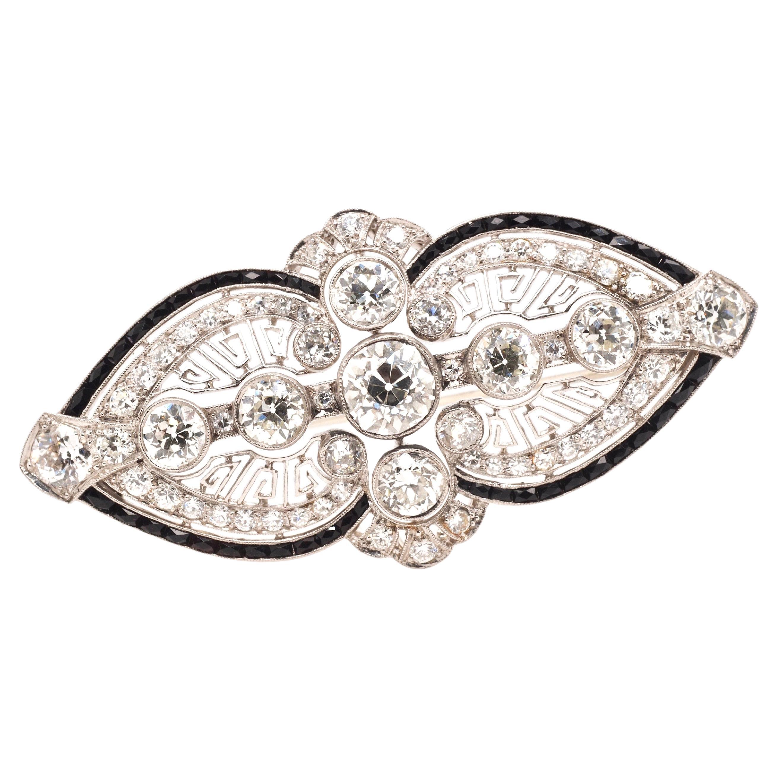 Platinum Art Deco Onyx & 7.00ct Old Mine Cut Diamond Brooch Brooch For Sale