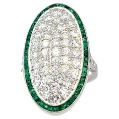 Platinum Art Deco Oval Ring with 1.80ct Diamonds and 0.72ct Emeralds
