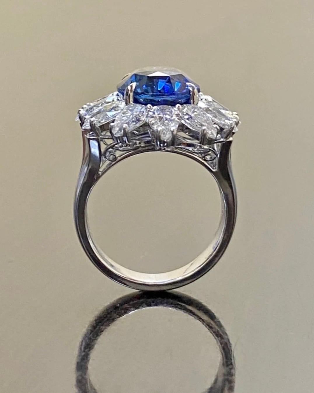 Platinum Art Deco Pear Shape Diamond 8.59 Carat Blue Sapphire Engagement Ring For Sale 6