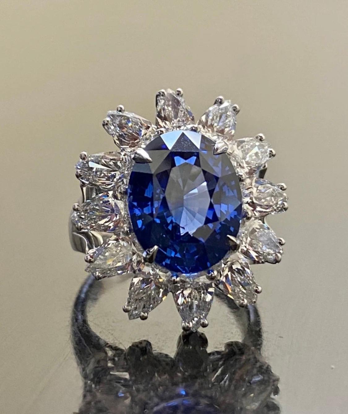 Pear Cut Platinum Art Deco Pear Shape Diamond 8.59 Carat Blue Sapphire Engagement Ring For Sale